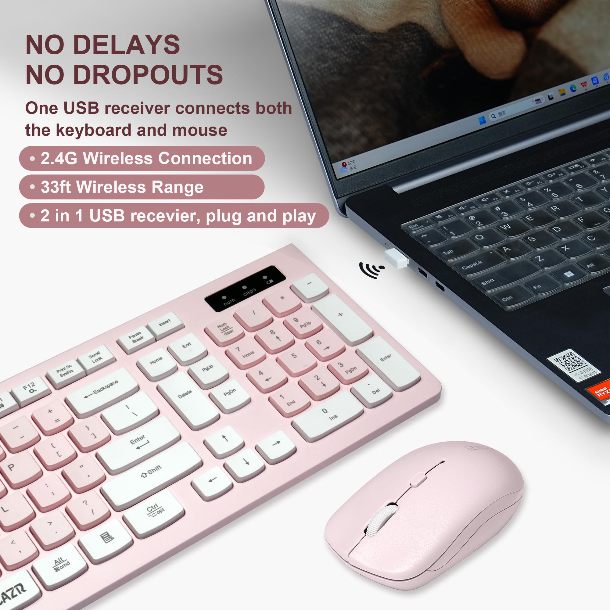 Wireless Keyboard And Mouse Combo, Reccazr 2.4G Full Sized Keyboard And Mouse Cordless, 3 Dpi Adjustable Mouse, Dual System Keyb