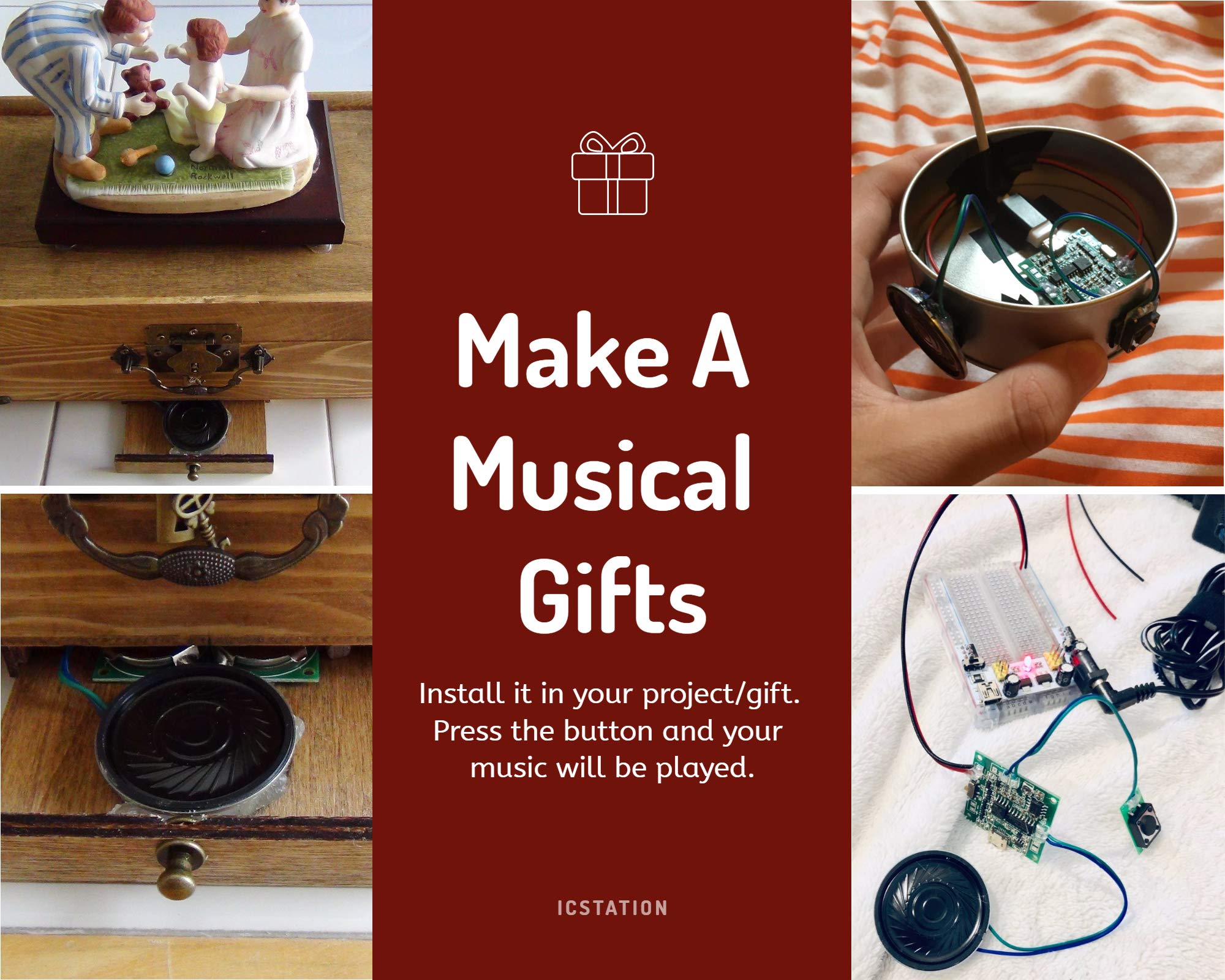 Icstation 8M Button Control Sound Module - Programmable MP3 WAV Music Player with Speaker for DIY Birthday Music Box & Greeting Cards