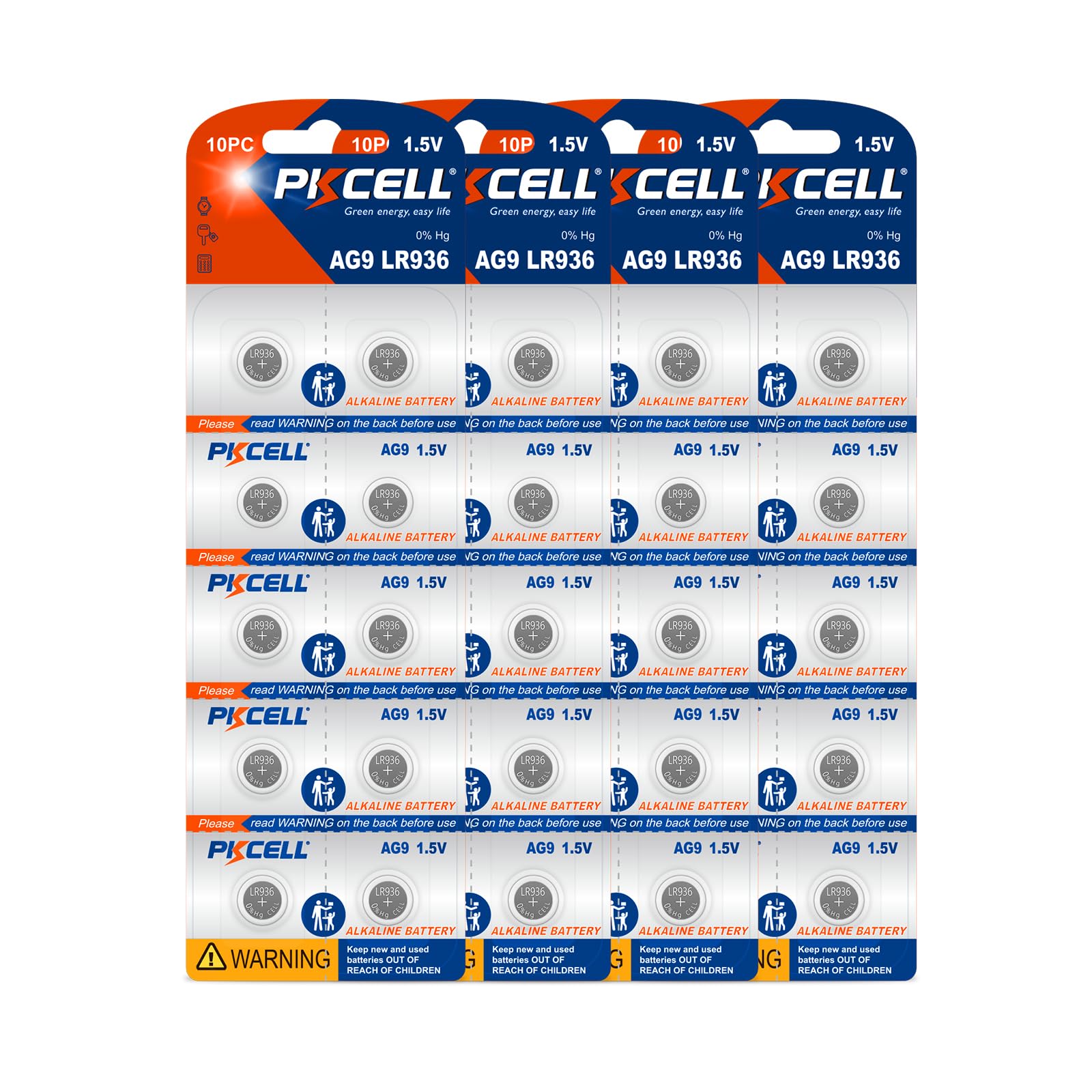 PKCELL 394 380 Watch Battery (40-Pack) AG9 LR45 SR936sw Battery 1.5V Button Coin Cell Batteries (40 Count (Pack of 1))