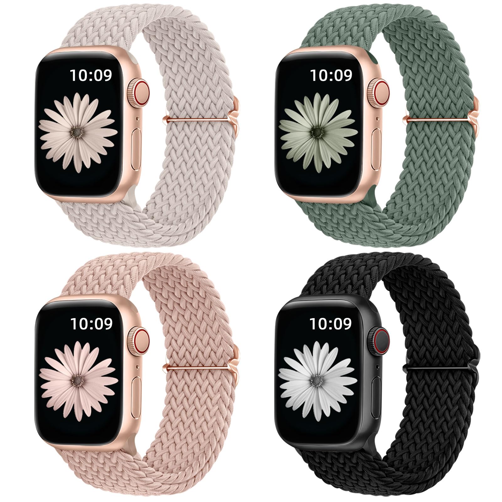 Daqin 4 Pack Braided Solo Loop Compatible With Apple Watch Band 44Mm 45Mm 42Mm 49Mm For Women Men, Adjustable Stretchy Band Spor