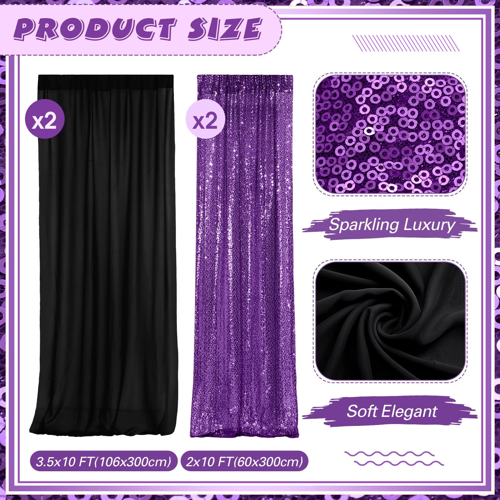 Vitalcozy 4 Panels Photo Backdrop Curtains, 2 Pcs 4 X 10 Ft Sequin Glitter Backdrop Curtains And 2 Pcs 7 X 10 Ft Chiffon Backdro