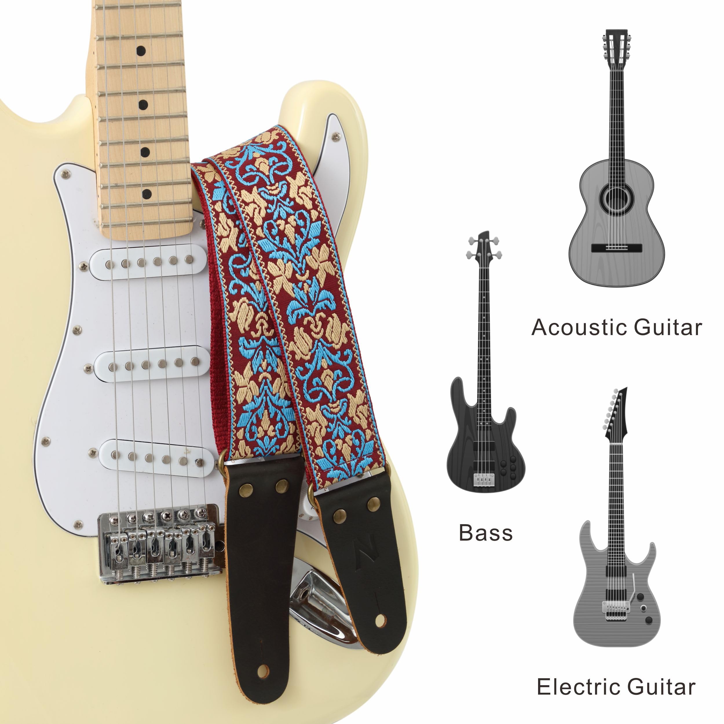 Nefelibata Guitar Strap, 2'' Jacquard Embroidery Guitar Straps, Full Grain Leather Ends With Hidden Pocket, For Bass, Electric A