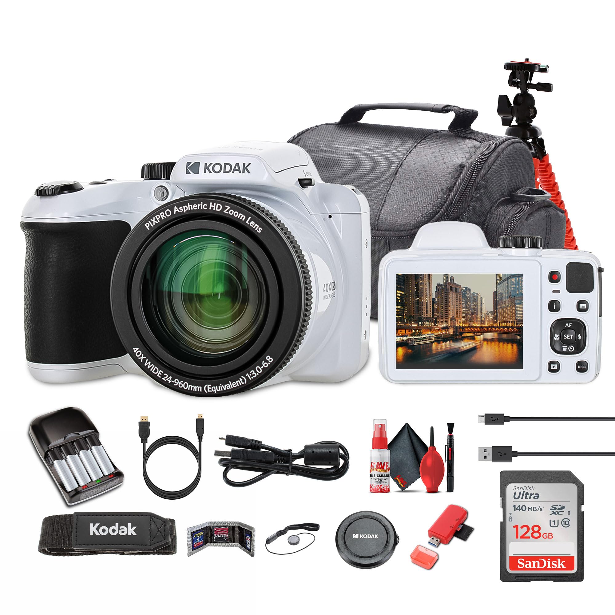 Kodak Pixpro AZ405 Digital Camera in White (AZ405WH) Bundle Including: 128 GB Memory Card, Rechargeable Batteries, Case, Flexibl