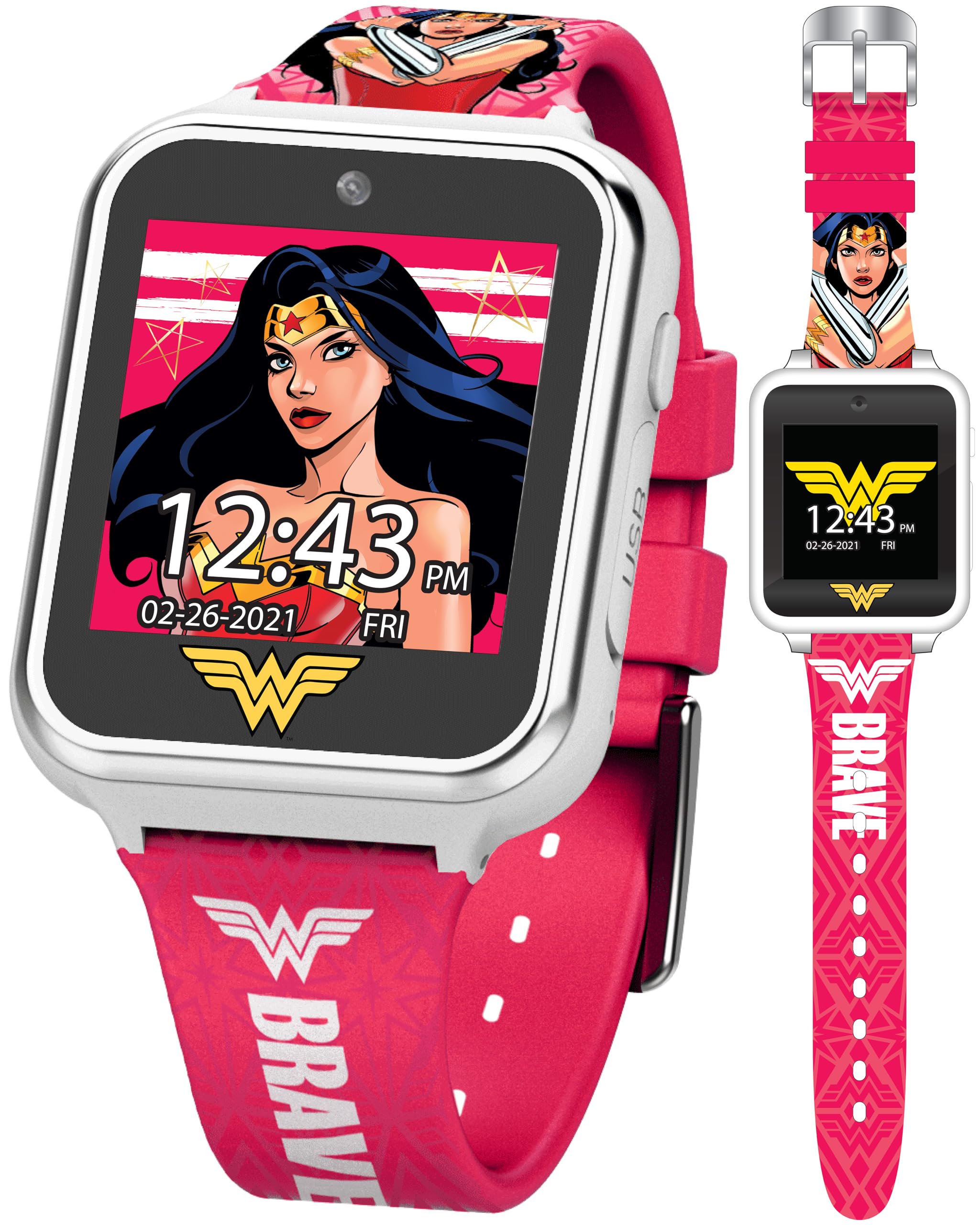 Wonder Woman Kids Smart Watch - Interactive Touchscreen With Games, Selfie Camera, Voice Recorder, Step Counter, Alarm, Stopwatc