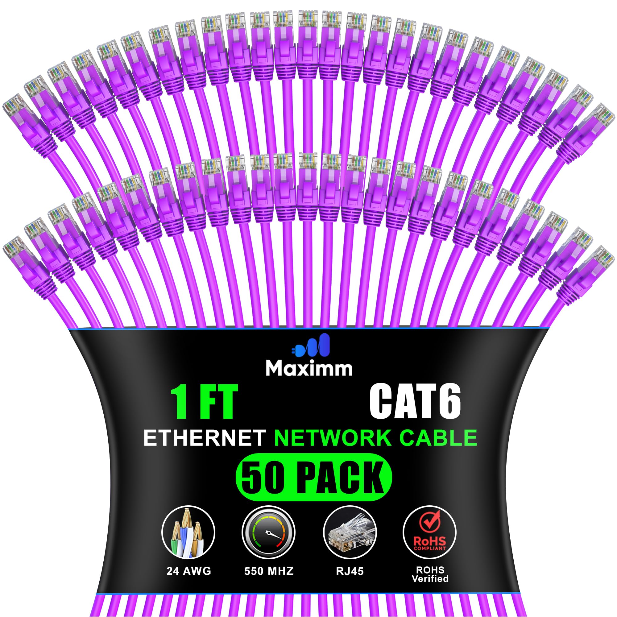 Maximm Cat 6 Ethernet Cable 1 Ft, (50-Pack) Cat6 Cable, LAN Internet and Network - UTP (Purple) 1 Foot