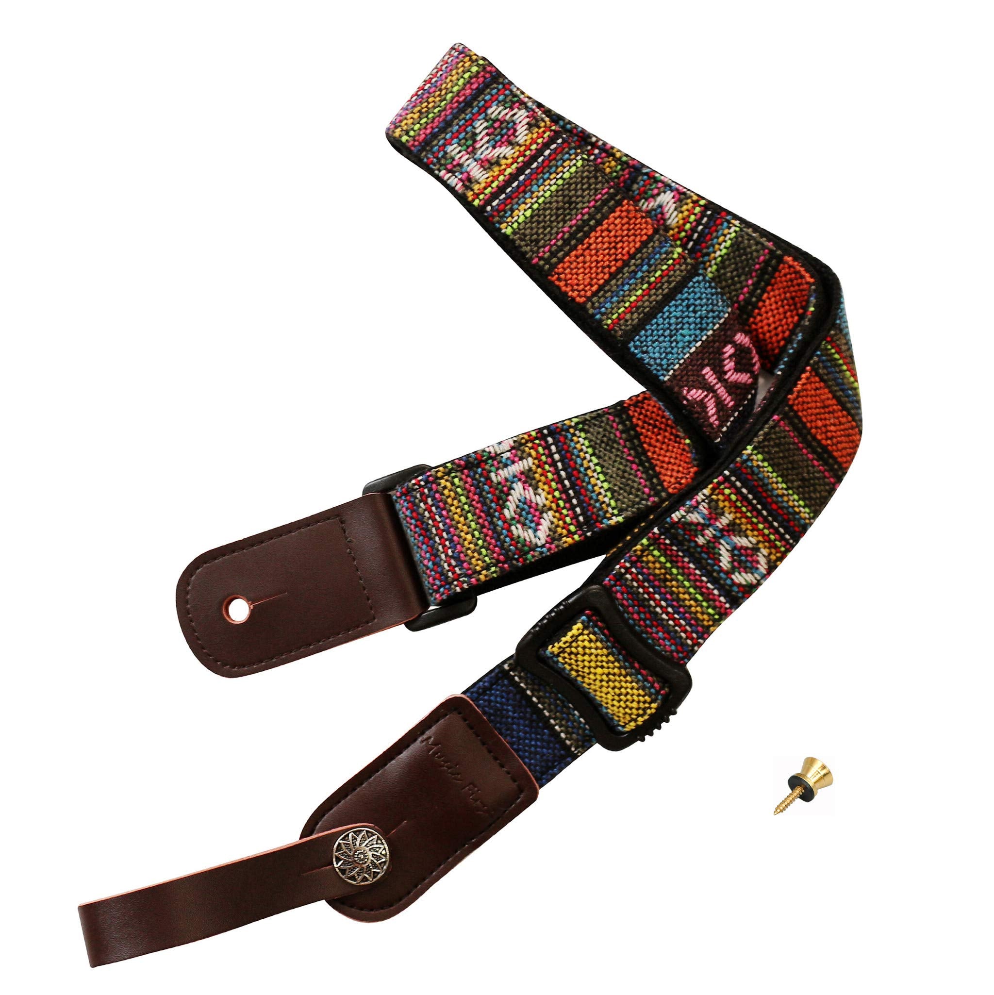 Music First Classic Country Style Soft Yarn-Dyed Fabric & Genuine Leather Ukulele Strap Ukulele Shoulder Strap Version 2.0 With