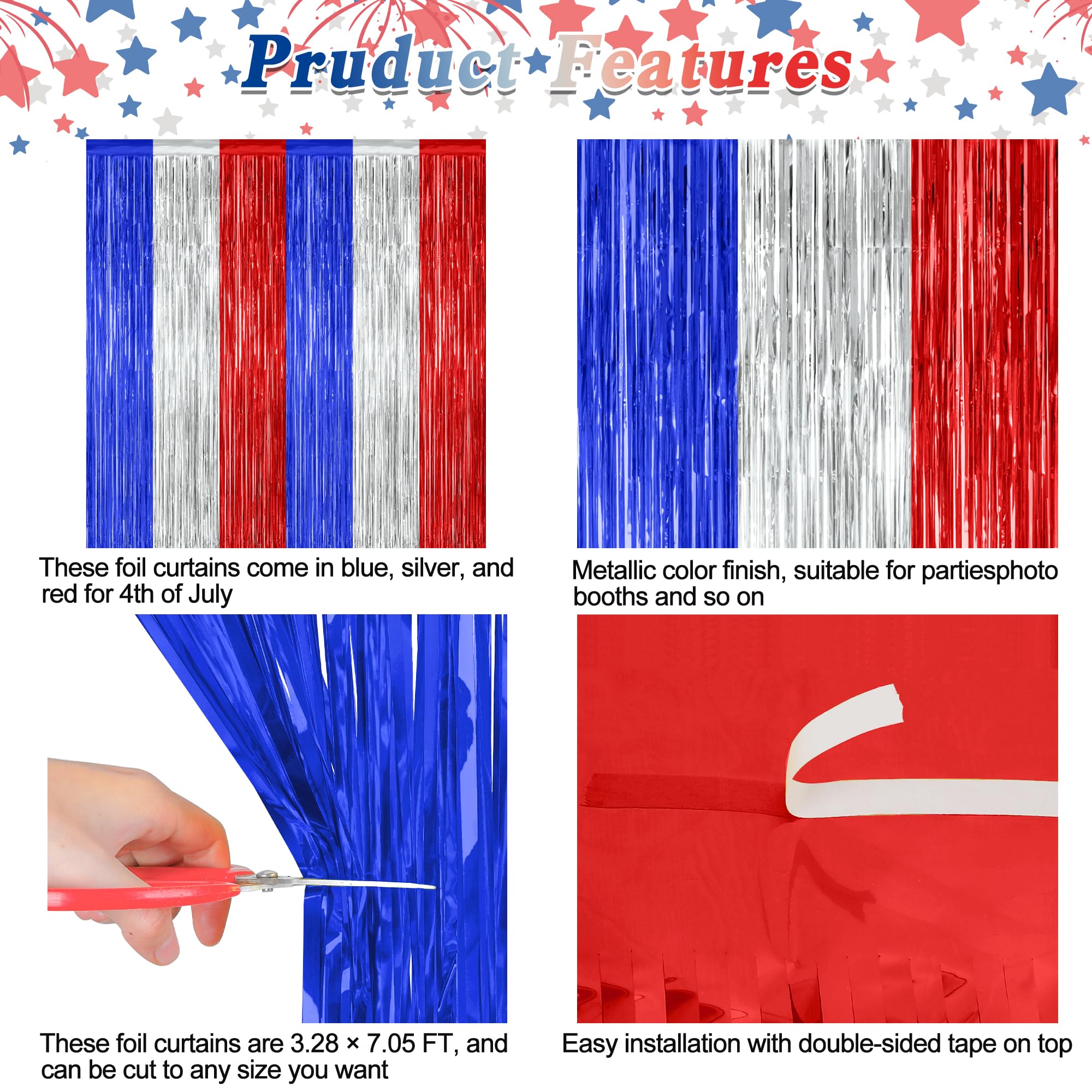 2 Pack 4Th Of July Party Supplies, 3.28 Ft X 7.05 Ft 4Th Of July Tinsel Backdrop, Blue Silver Red Color Fringe Curtains Streamer