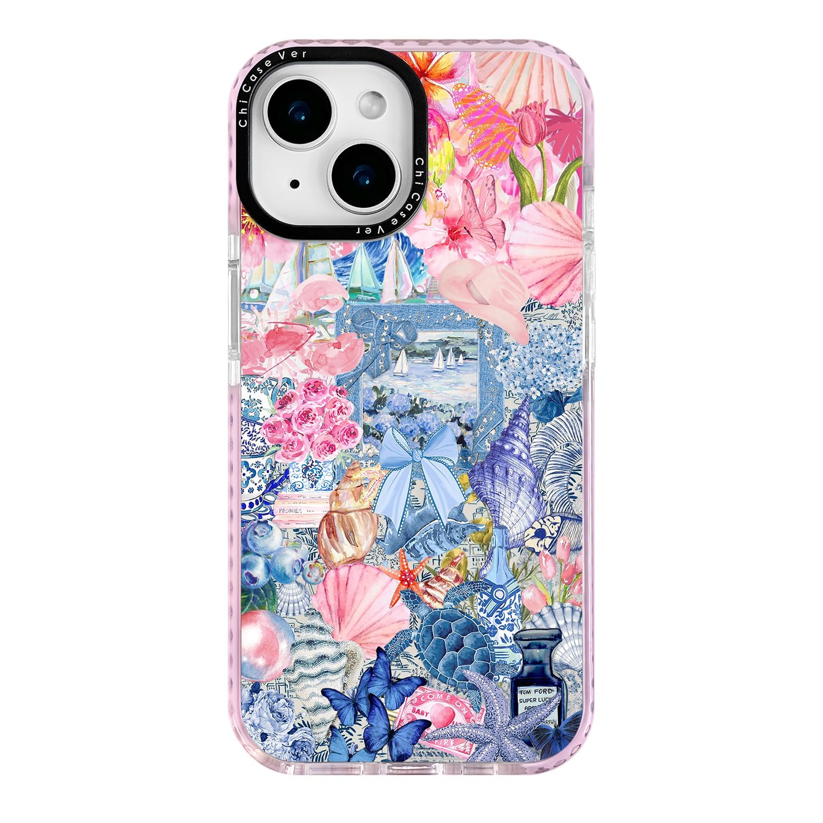 ChiCaseVer for iPhone 15 Case,Vintage Coastal Collage with Flowers,Turtle,Shells & Sailboats Pattern, Military-Grade Drop Protec