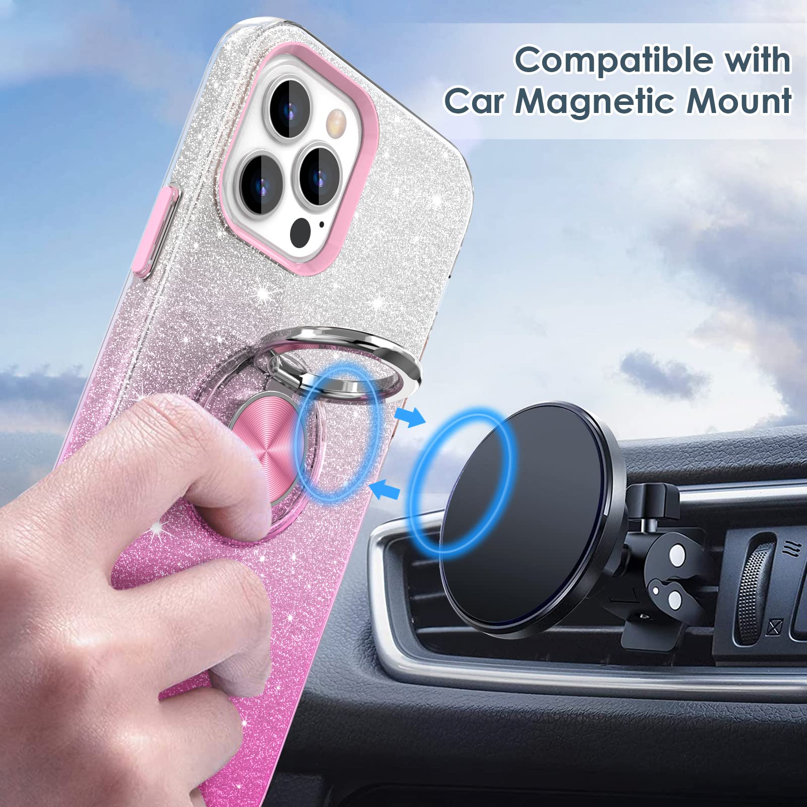 Hython For Iphone 13 Pro Max Case With Ring Stand [360 Rotatable Ring Holder Magnetic Kickstand][Support Car Mount] Cute Sparkly