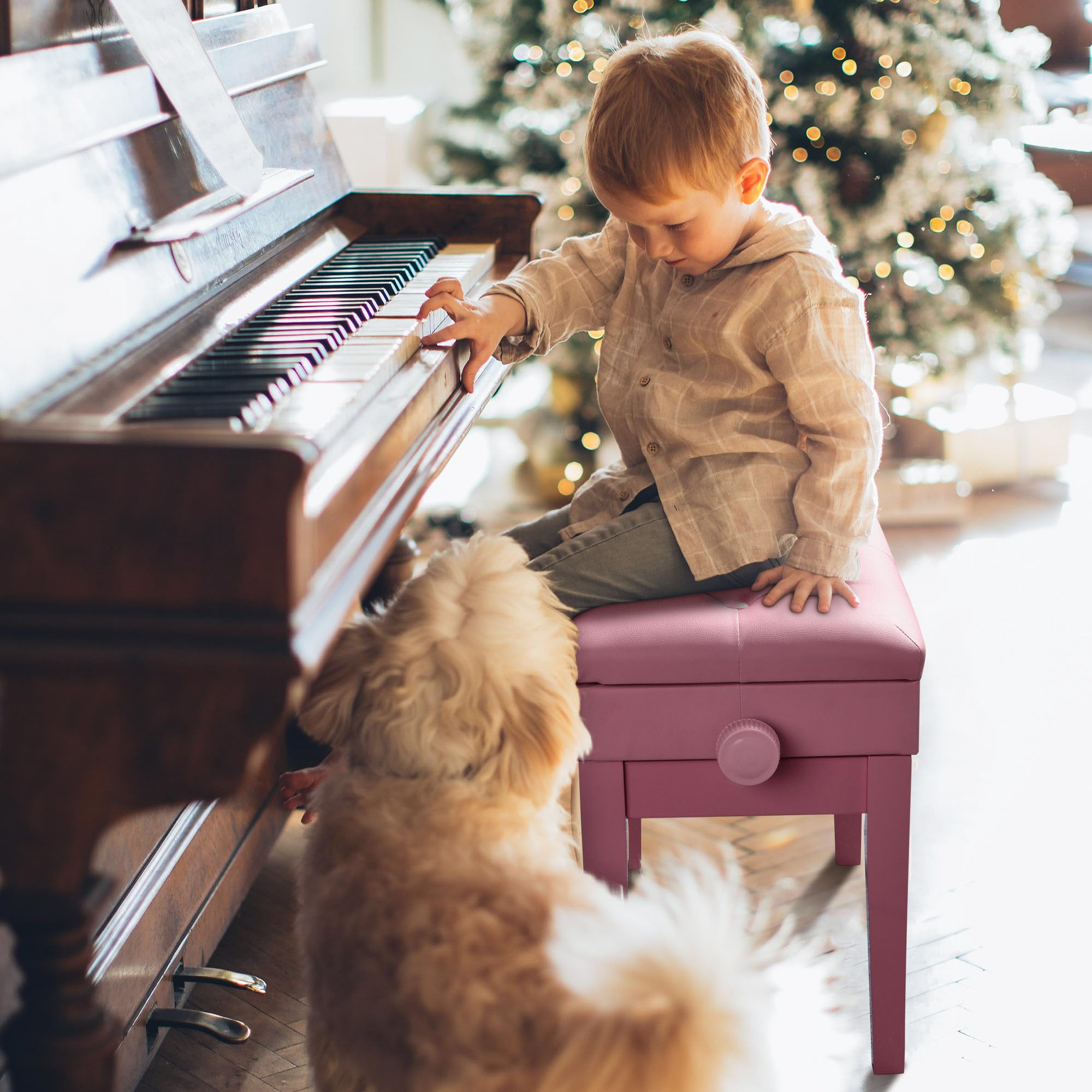 Aw Adjustable Height Piano Bench Pu Leather Padded Wooden Keyboard Stool Storage For Music Books Pink
