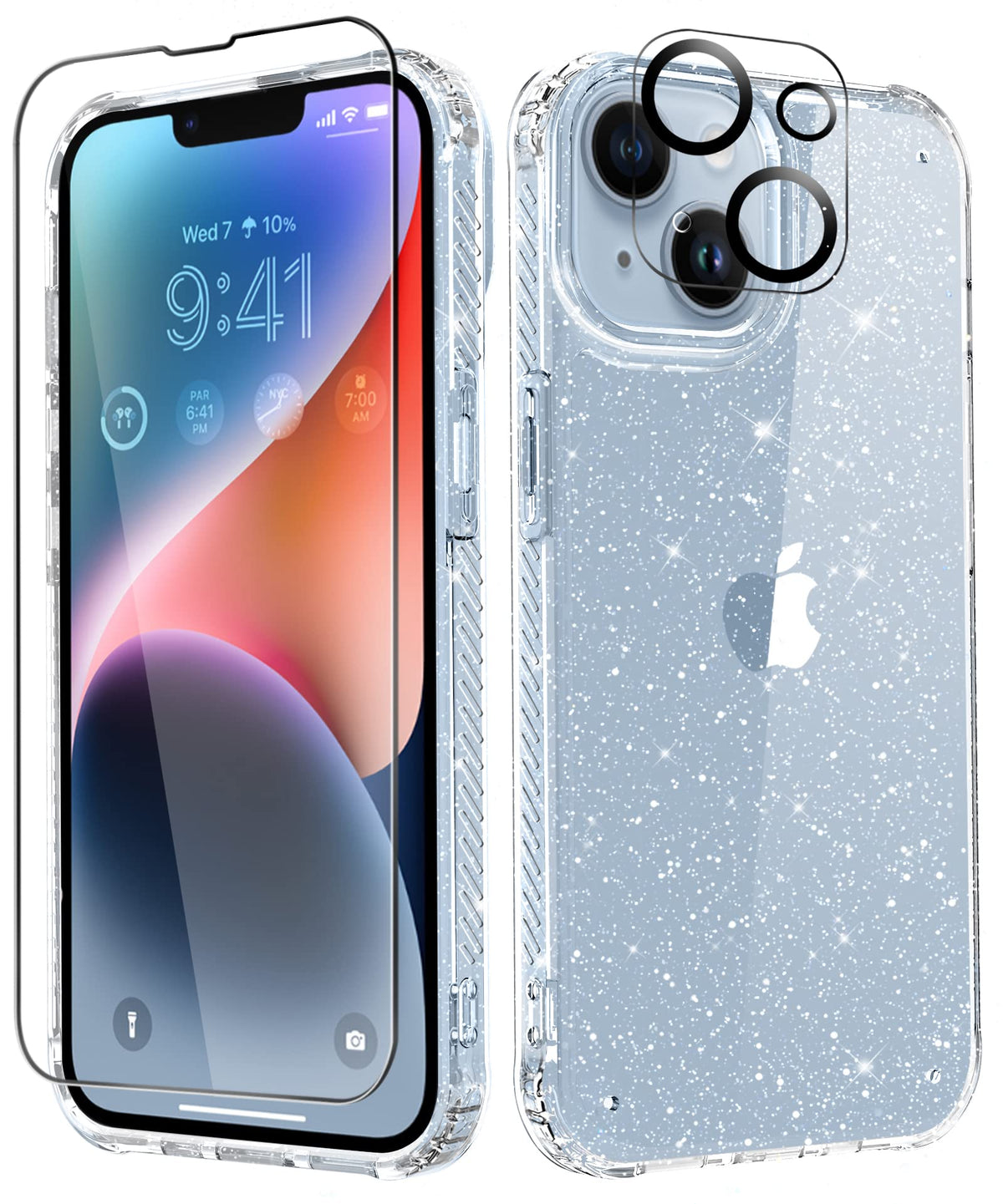 Miodik For Iphone 14 Case With Screen Protector + Camera Lens Protector, [Non Yellowing] Clear Glitter Phone Case, [Military Gra
