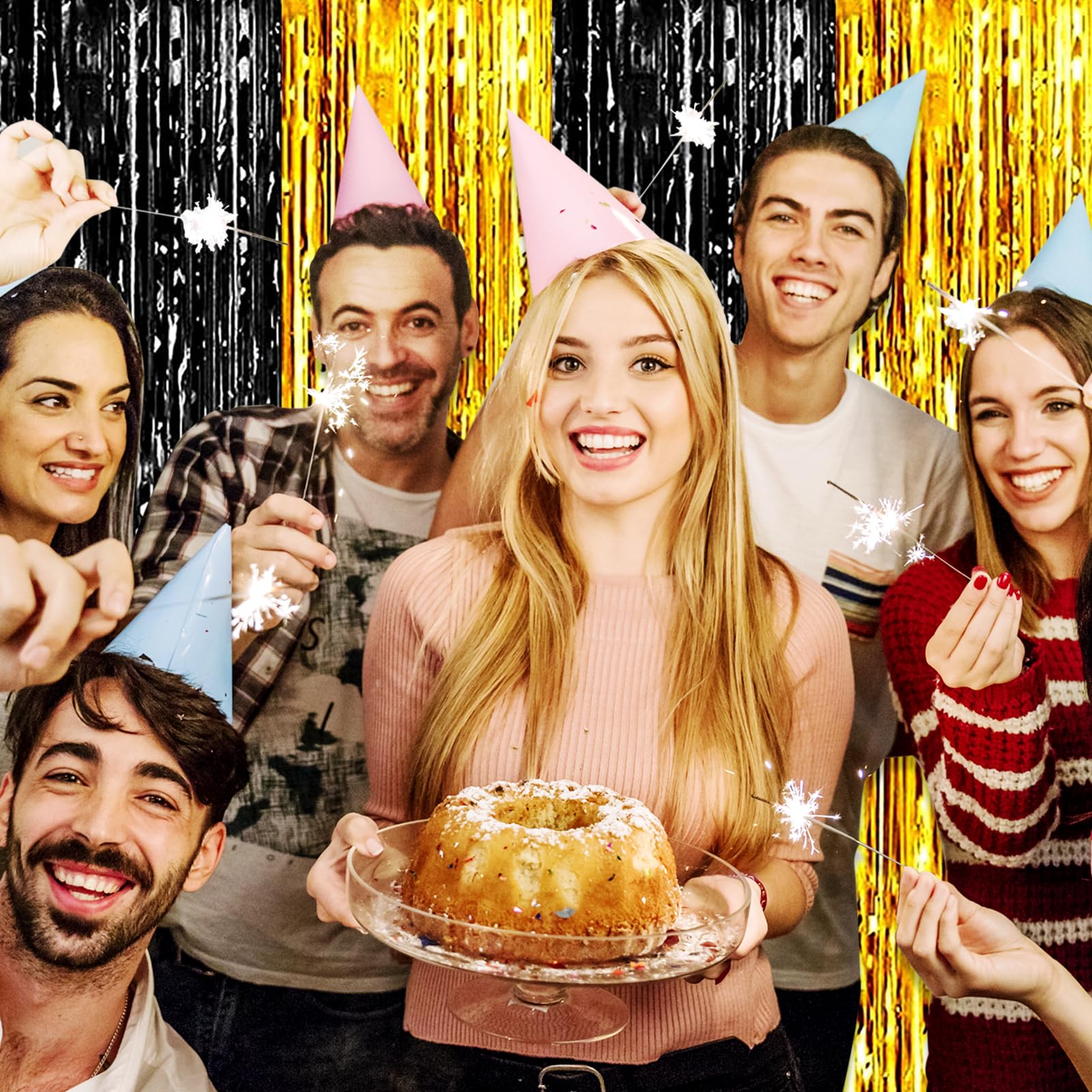 3 Pack Black Gold Foil Fringe Curtain Backdrop, 3.28Ft X 9.8Ft Metallic Tinsel Foil Fringe Streamer Curtains For Photo Booth, Ch