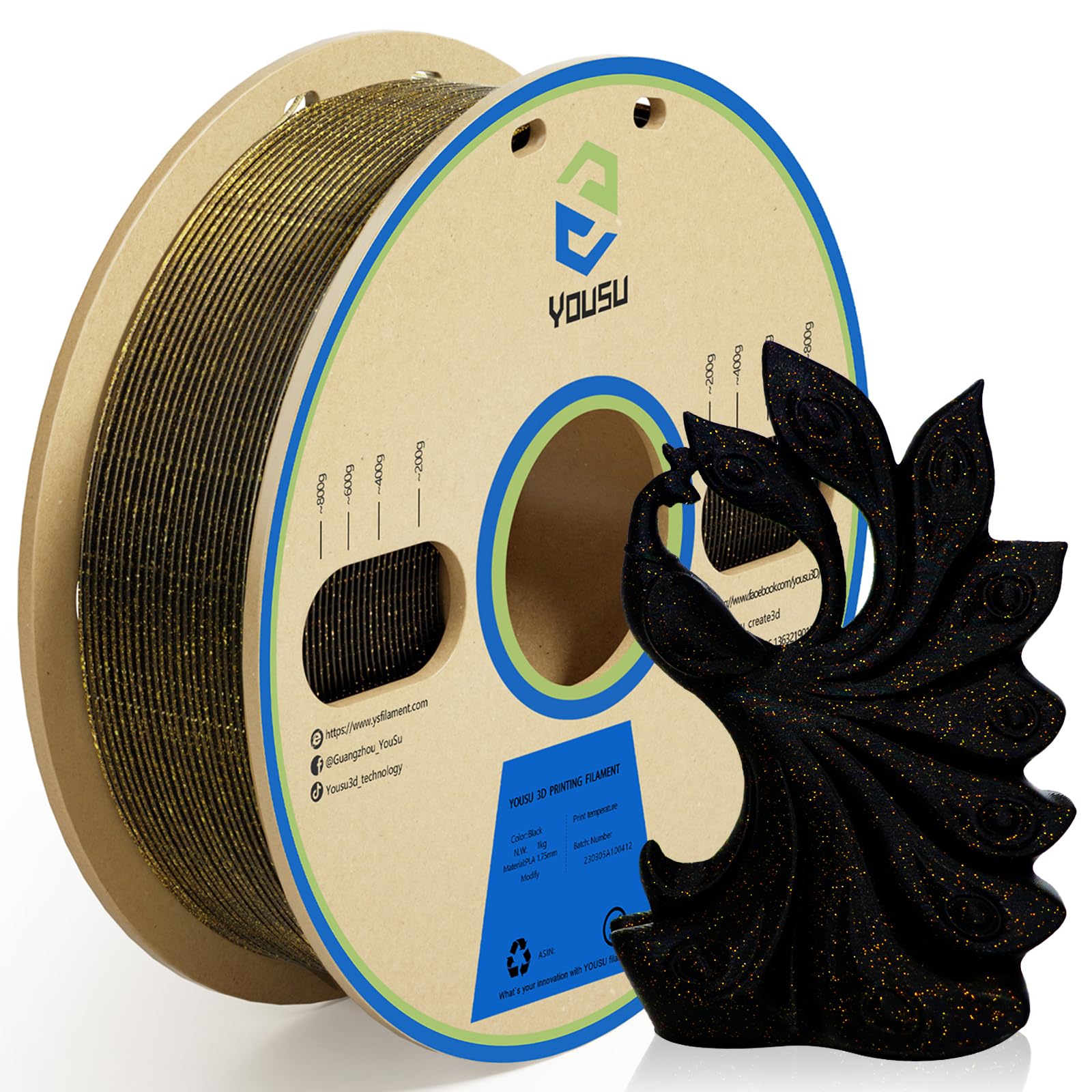 YOUSU 3D Printer Filament PLA Filament 1.75mm Gold 3D Effect Glitter-Black filament1kg(2.2lbs).