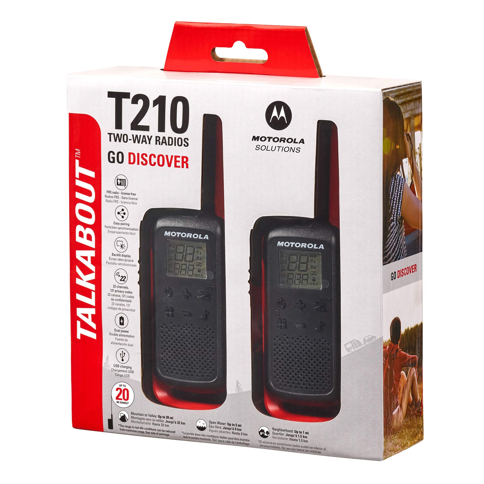 Motorola Solutions, Portable Frs, T210, Talkabout, Two Way Radios, Rechargeable, 22 Channel, 20 Mile, Black W/Red, 2 Pack