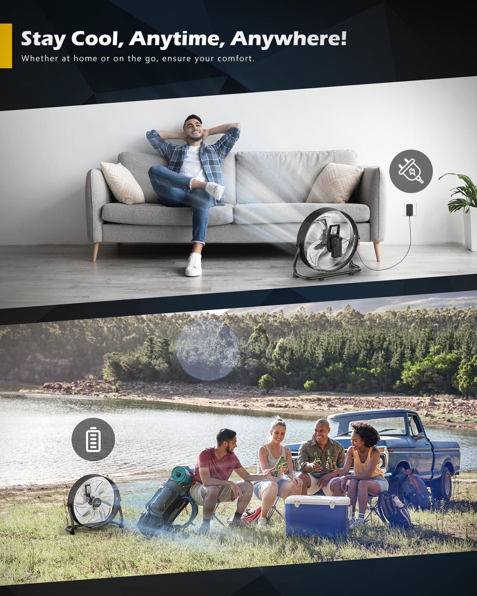 Airvention 15600Mah Rechargeable Battery Operated Drum Fan,16 Inch Black Industrial High Velocity Floor Fan, Camping Fan For Gym