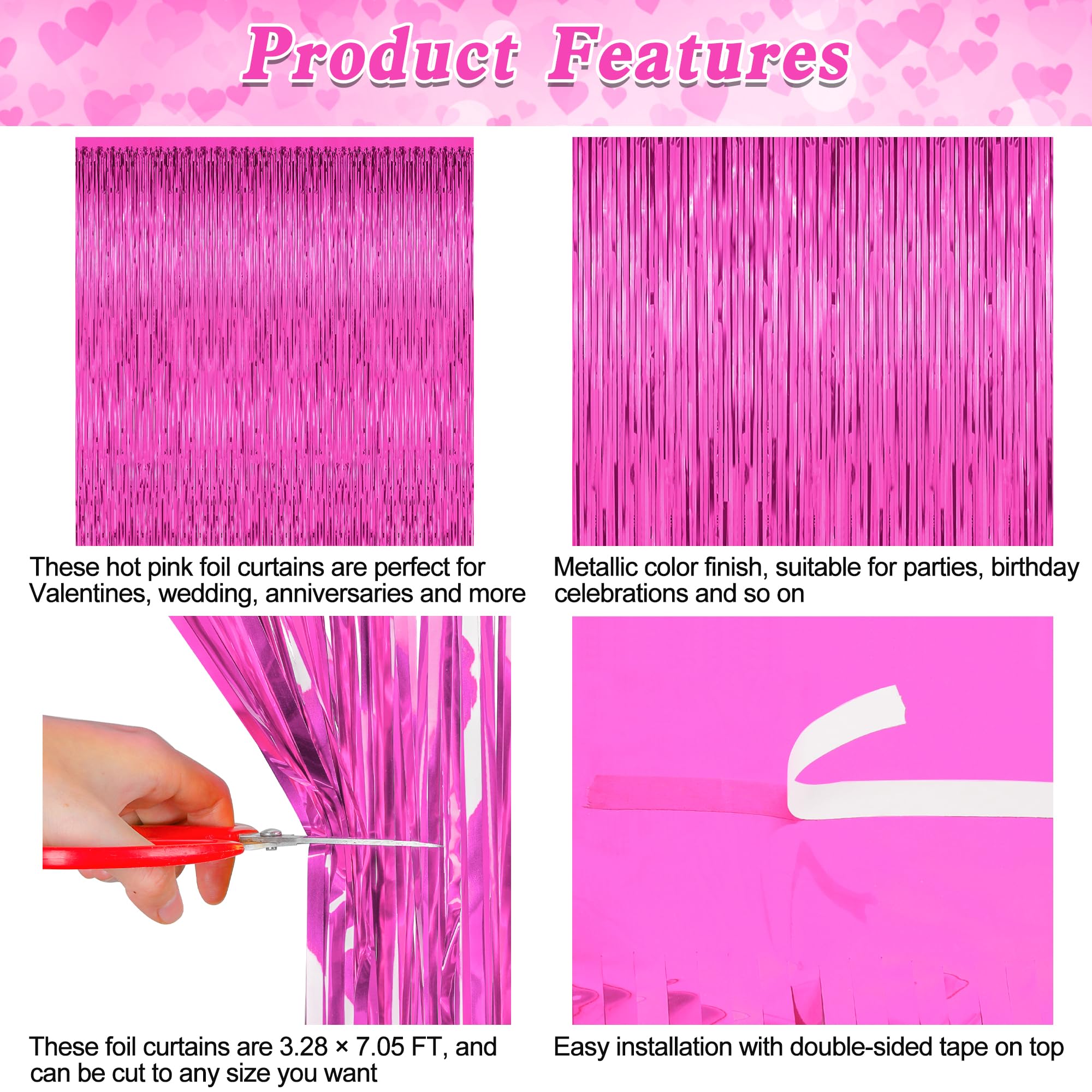 2 Pack Valentines Party Decorations, 3.28 Ft X 7.05 Ft Hot Pink Backdrop, Metallic Valentines Photo Backdrop Foil Curtains Tinse