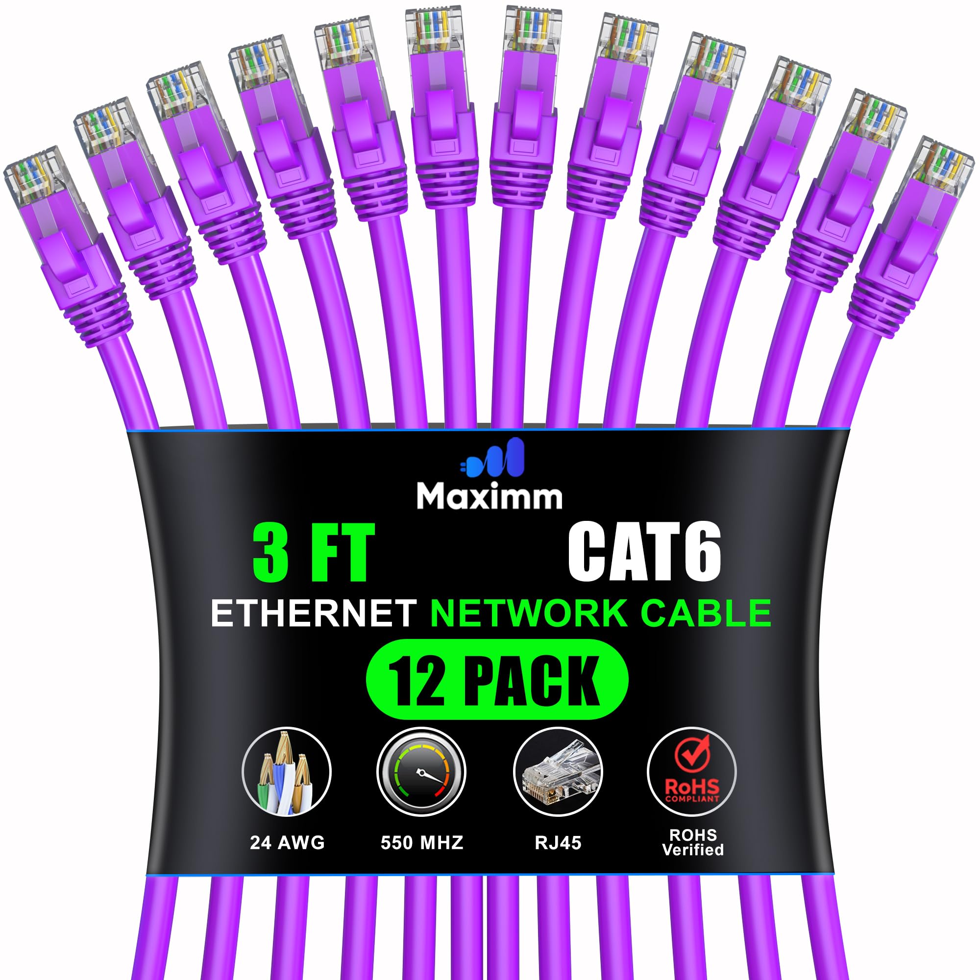 Maximm Cat 6 Ethernet Cable 3 Ft (12 Pack)   High Speed Lan Cable, Internet Cable, Patch Cable, And Network Cable   Utp, 10Gbps, 550Mhz Ethernet Cord   Purple