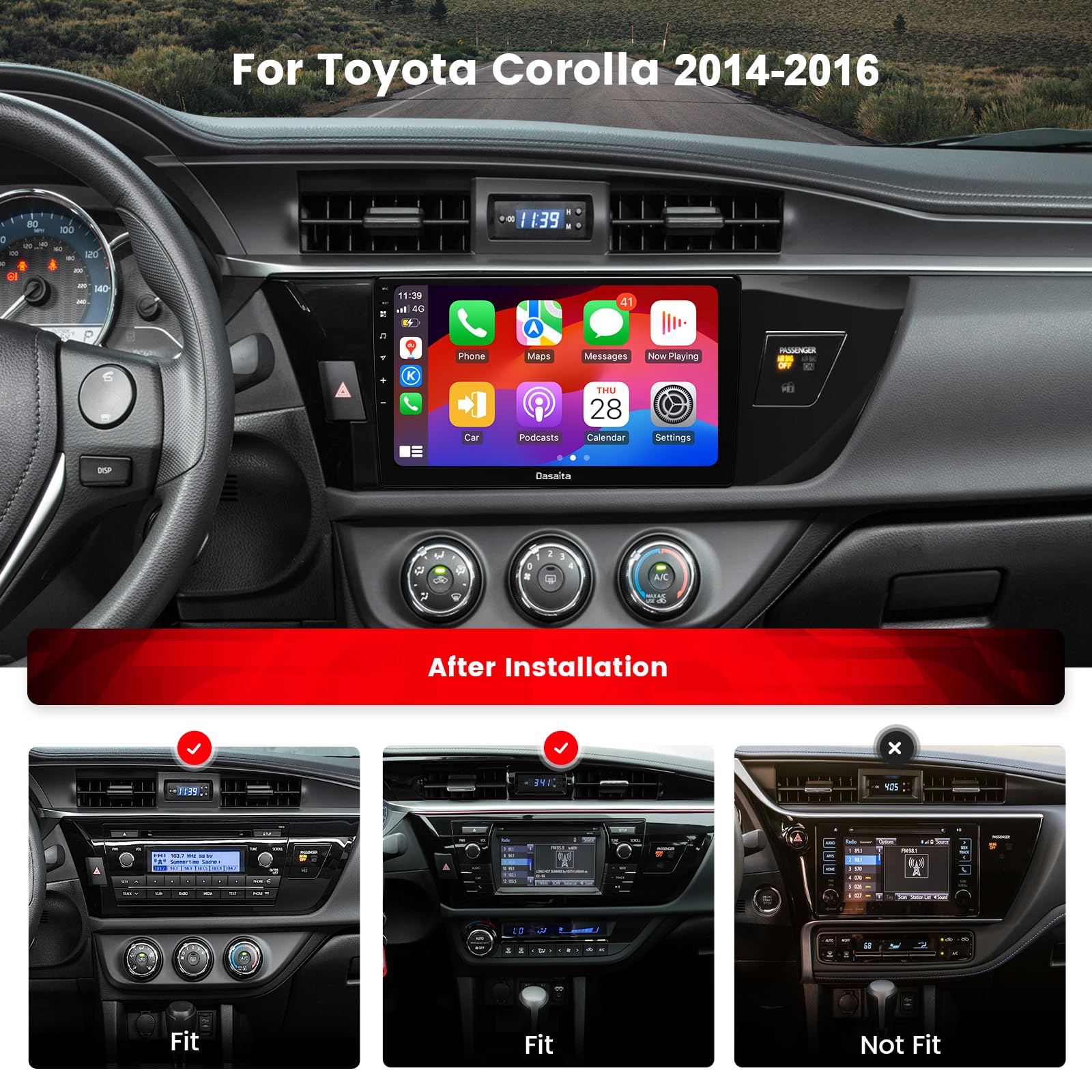 Dasaita Radio Upgrade G13 For Toyota Corolla 2014 2015 2016, Wireless Carplay, Android Auto, 10.2 Inch Hd Touchscreen, Gps Navigation, 4G, Wifi, Dsp, Qualcomm 665, 6Gb+64Gb, Android 13