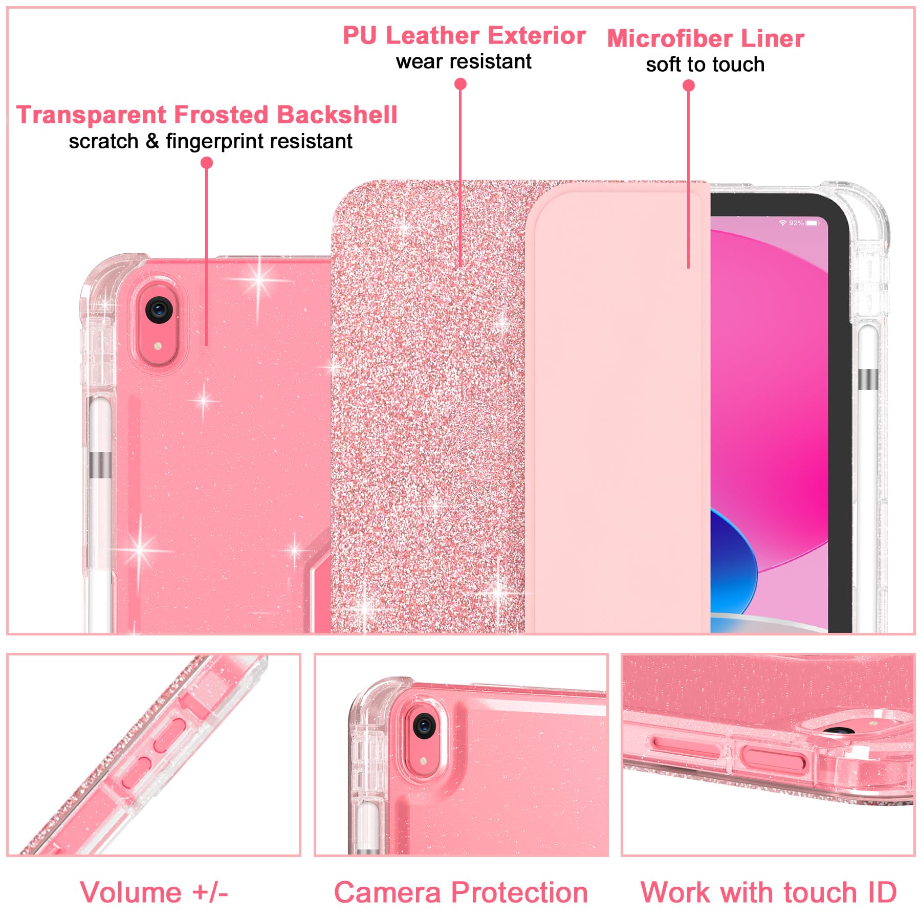 Sevrok Ipad 10Th Generation Case 2022 10.9 Inch With Pencil Holder, Sparkle Glitter Leather Trifold Stand Magnetic Smart Cover W