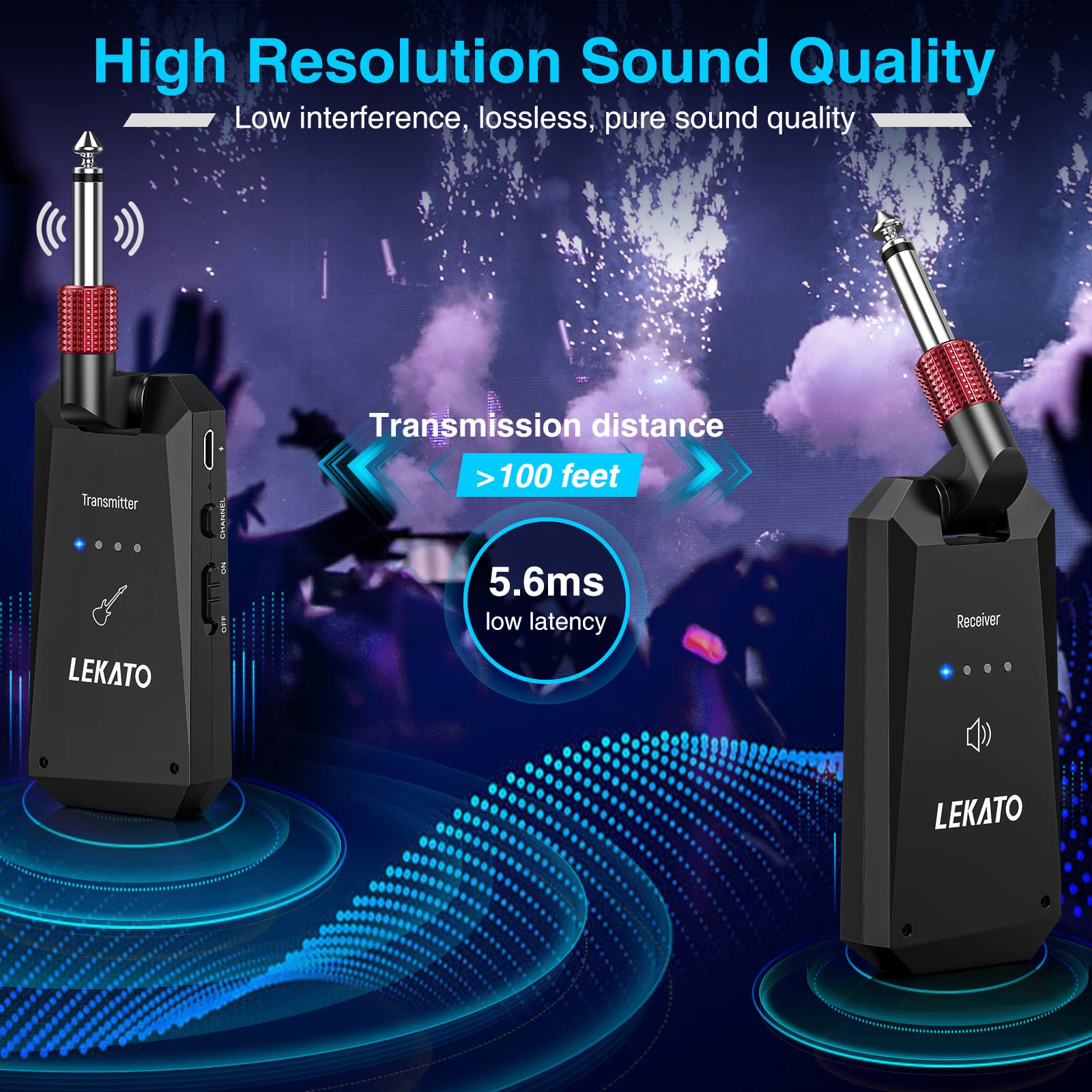 Lekato Wireless Guitar System 5.8G, Wireless Guitartransmitter Receiver 4 Channels Rechargeable Guitar Wireless System For Elect