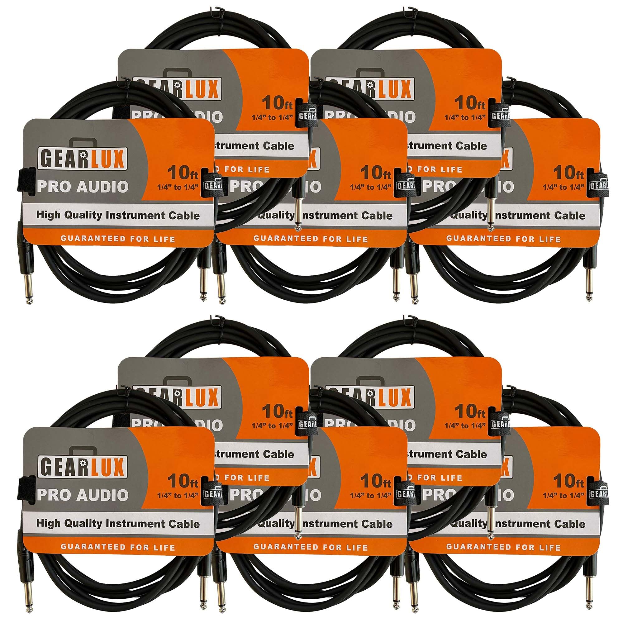 Gearlux Instrument Cable/Guitar Cable, 1/4 Inch, Straight to Straight, Black, 10 Feet - 10 Pack