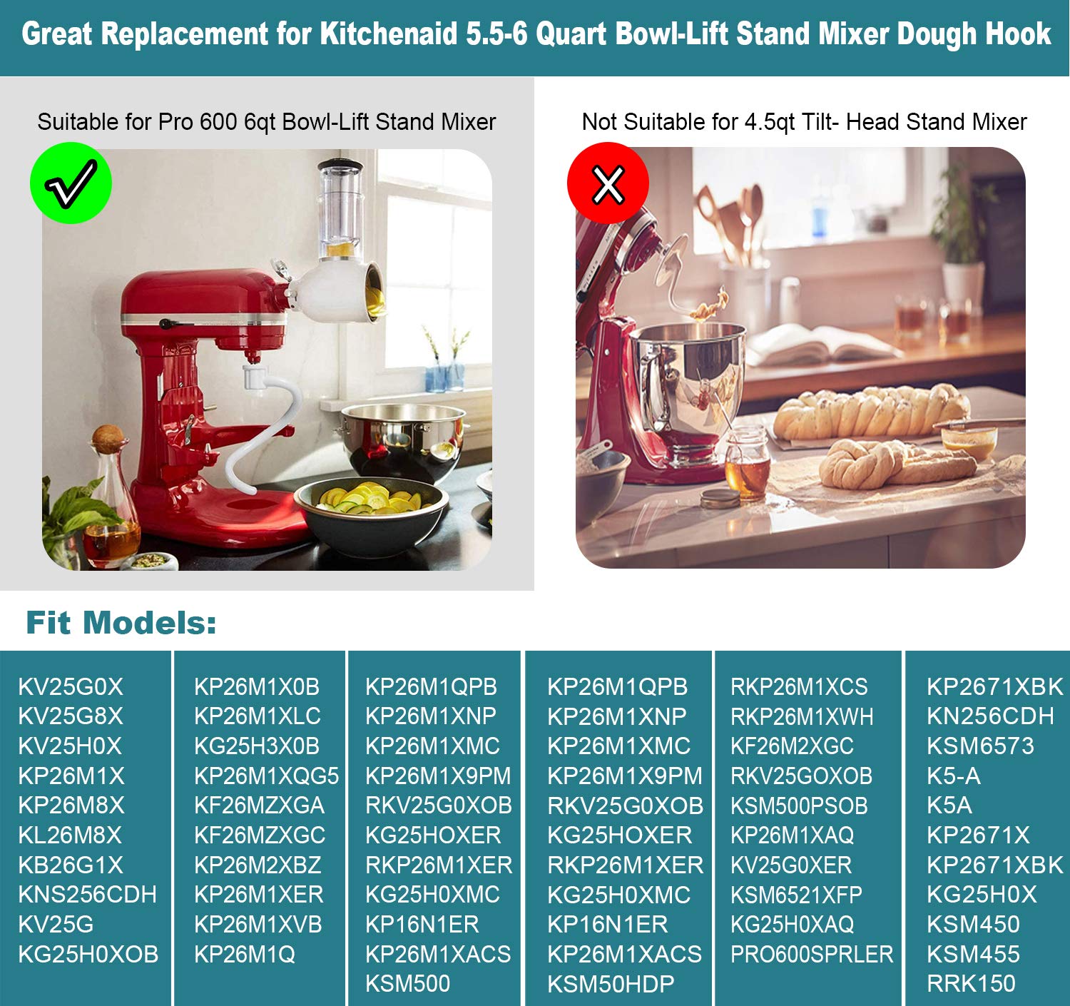 Coated Spiral Dough Hook For Kitchenaid 6Qt Pro 600 Series Bowl Lift Stand Mixer   Metal 6 Quart Dough Hook Attachment For Kp26M