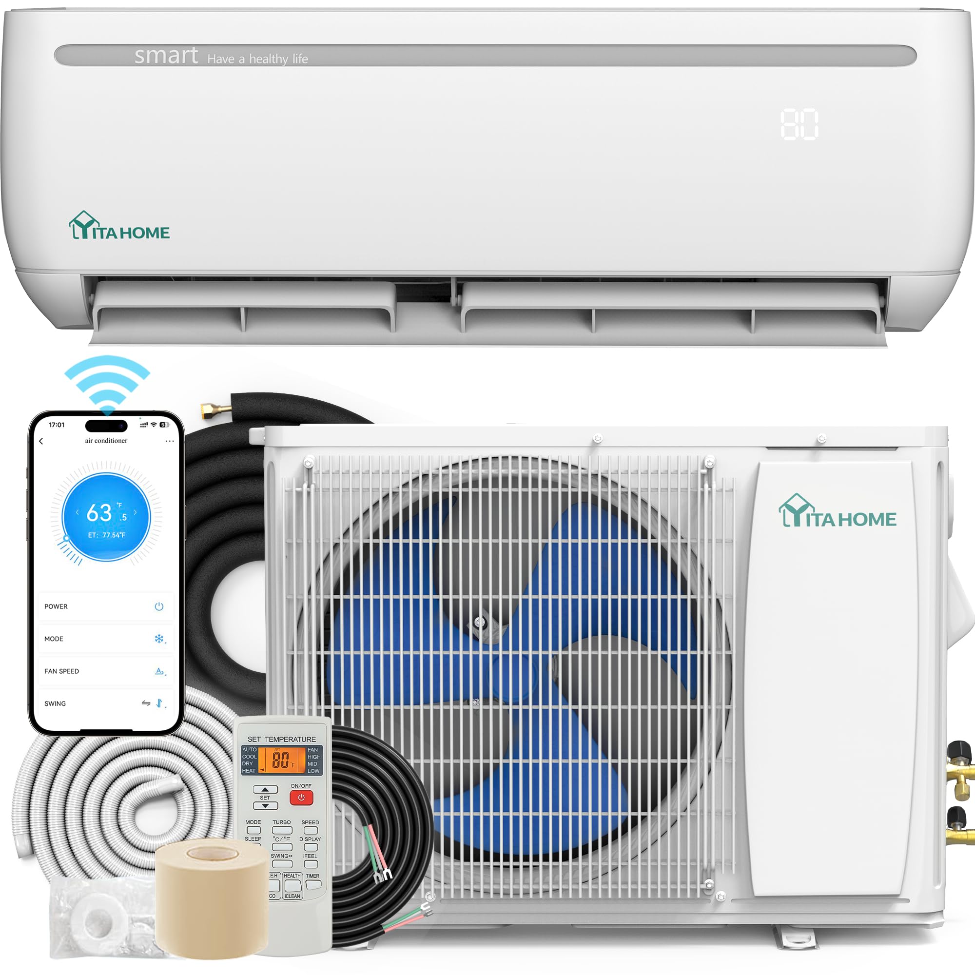 YITAHOME 18000 BTU Mini Split Air Conditioner Heat Pump System, 19 SEER2 208-230V Ductless Inverter System with Wi-Fi & Alexa Co
