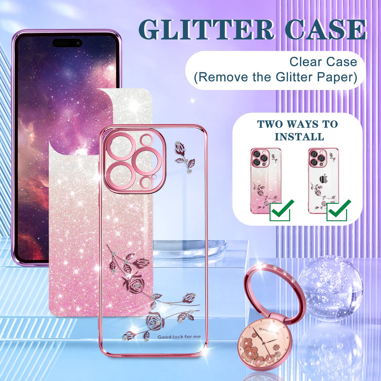 Coralogo (3In1 For Apple Iphone 14 Pro Case Glitter Sparkly For Women Girls Sparkle Girly Bling Shiny Phone Cover Cute Flowers F