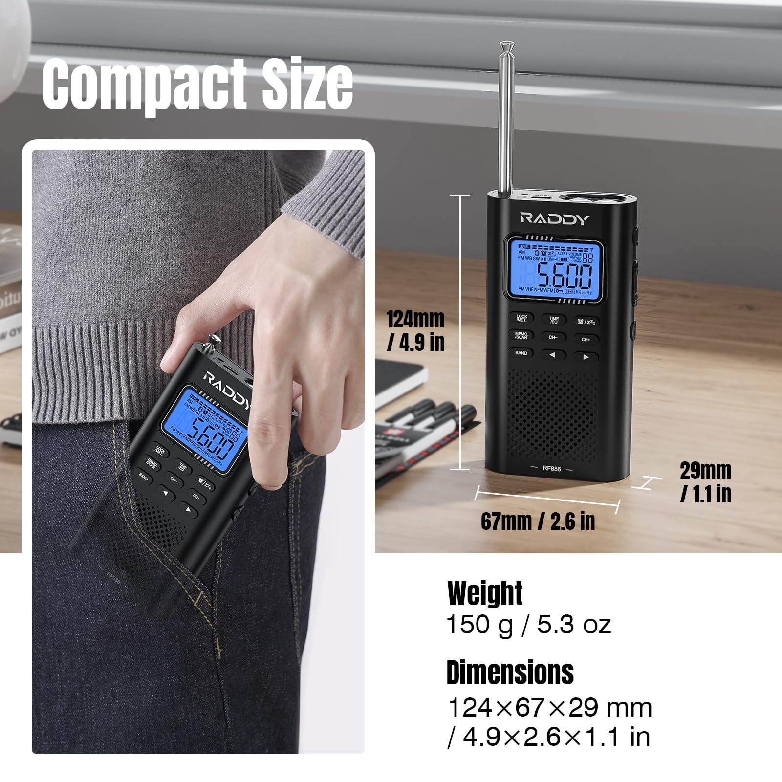 Raddy Rf886 Portable Shortwave Radio Am/Fm/Sw/Vhf/Wb Digital Radio Bt Connection With Noaa And Alert, Rechargeable Pocket Radio