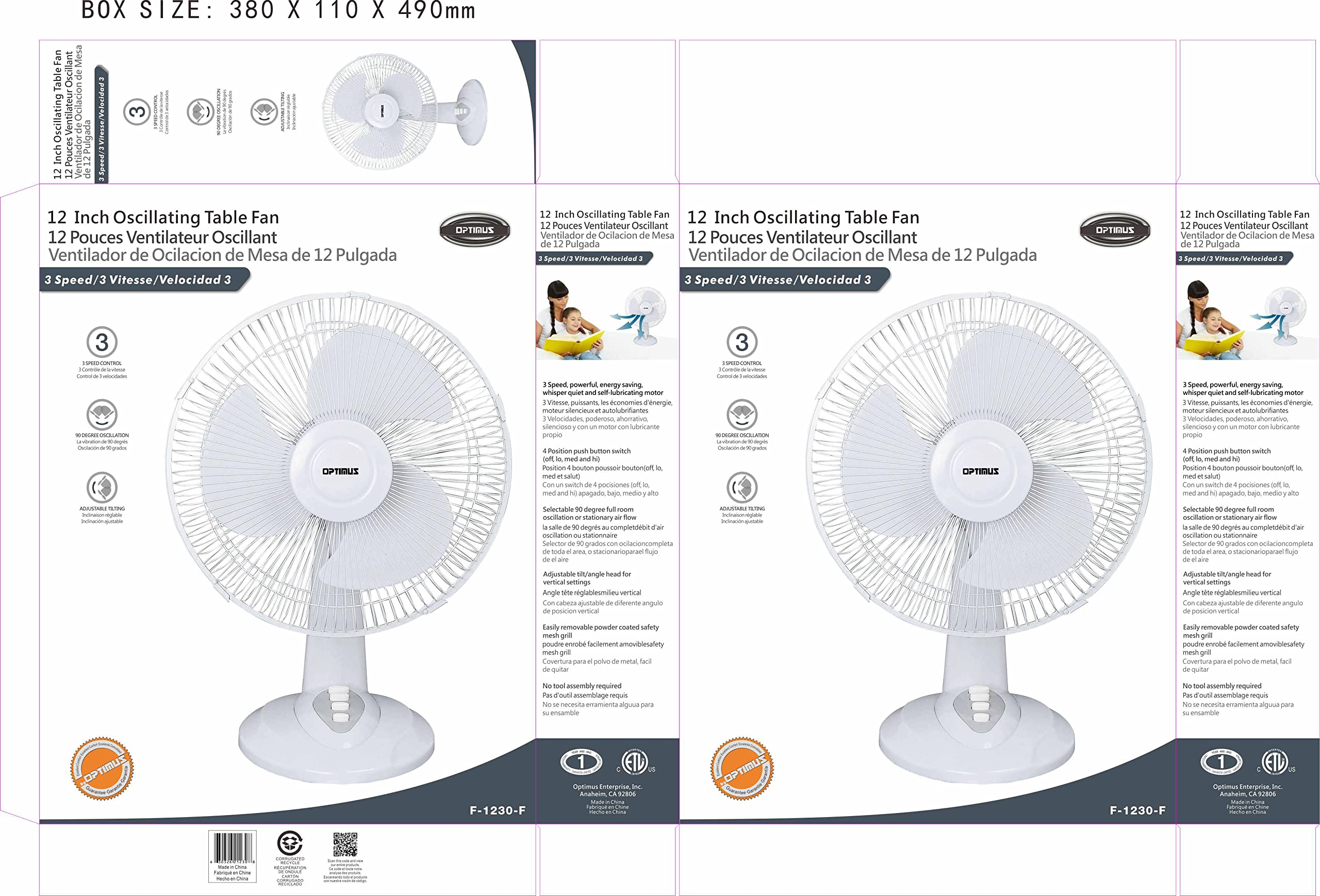 Optimus, White F 1230 12 Inch Oscillating 3 Speed Table Fan, Size