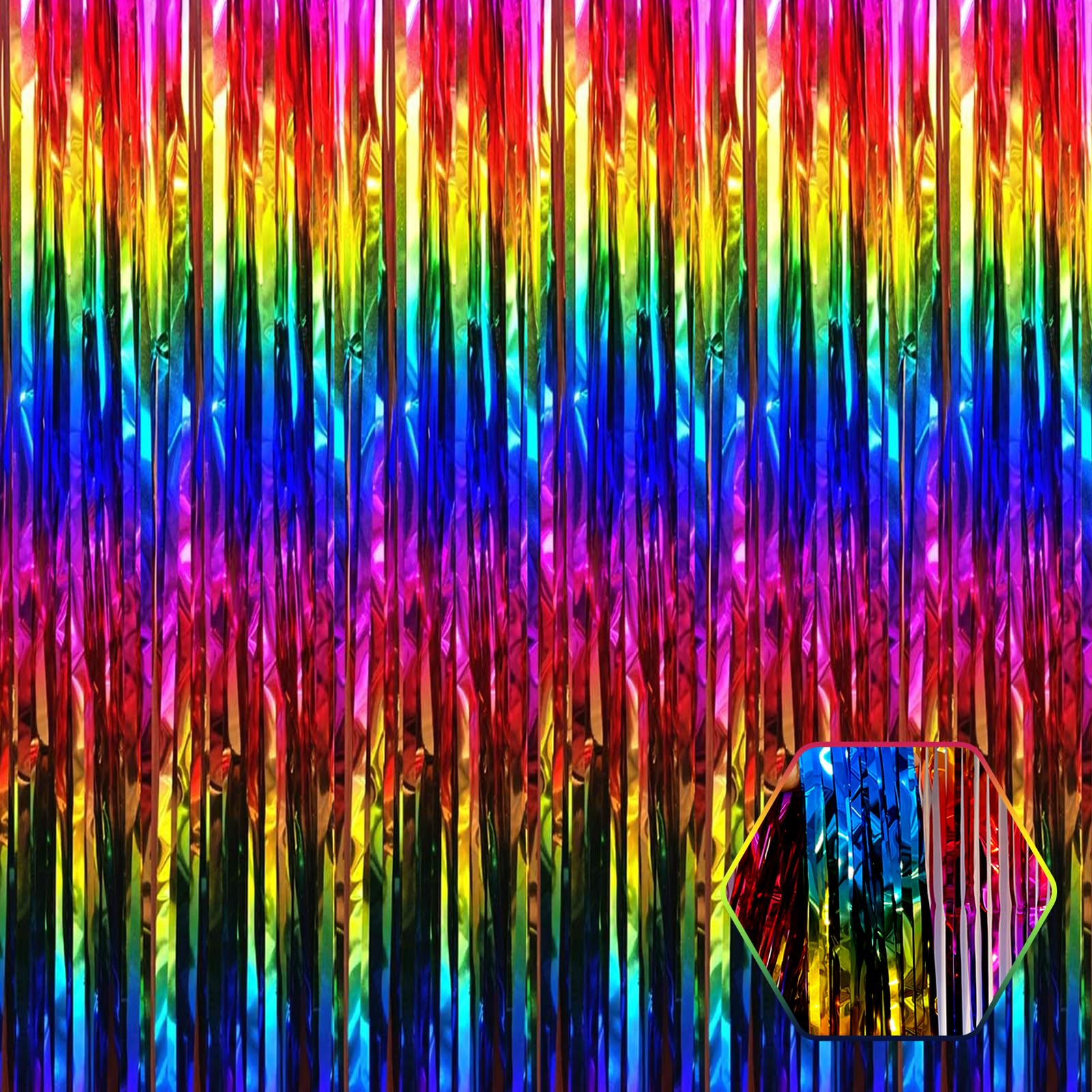 3 Pack Rainbow Foil Fringe Curtain Backdrop, 3.28Ft X 8.2Ft Metallic Tinsel Foil Fringe Streamer Curtains For Photo Booth, Chris