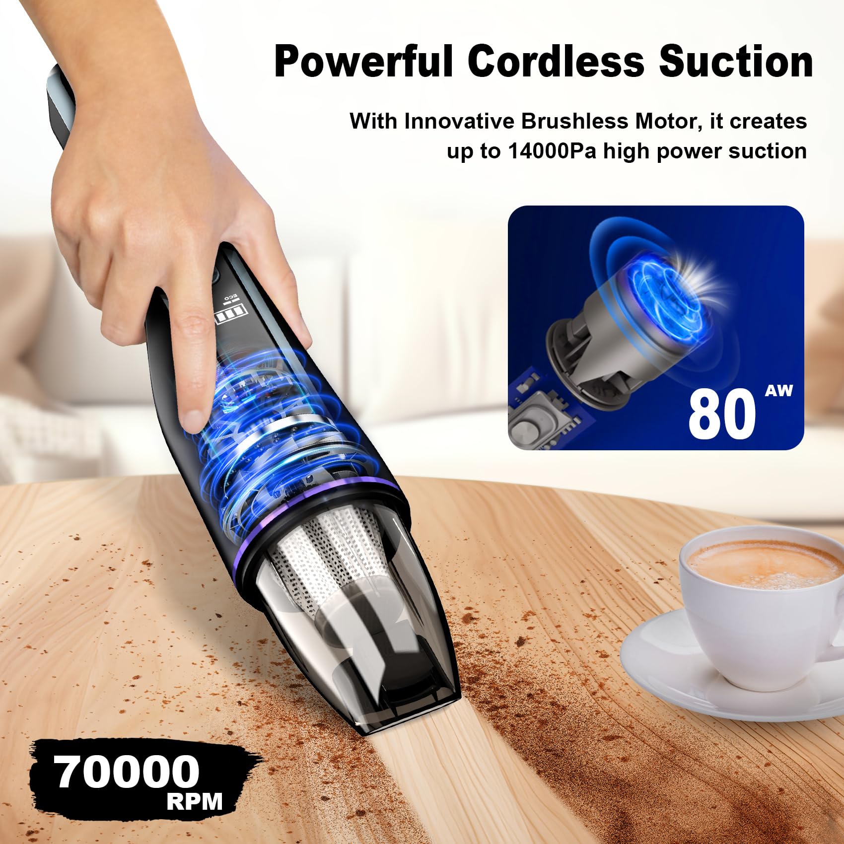 Drecell Handheld Vacuum Cordless, Car Vacuum With Brushless Motor & 14000Pa Suction, 1.2Lbs Lightweight, Led Light, Slim Mini Va