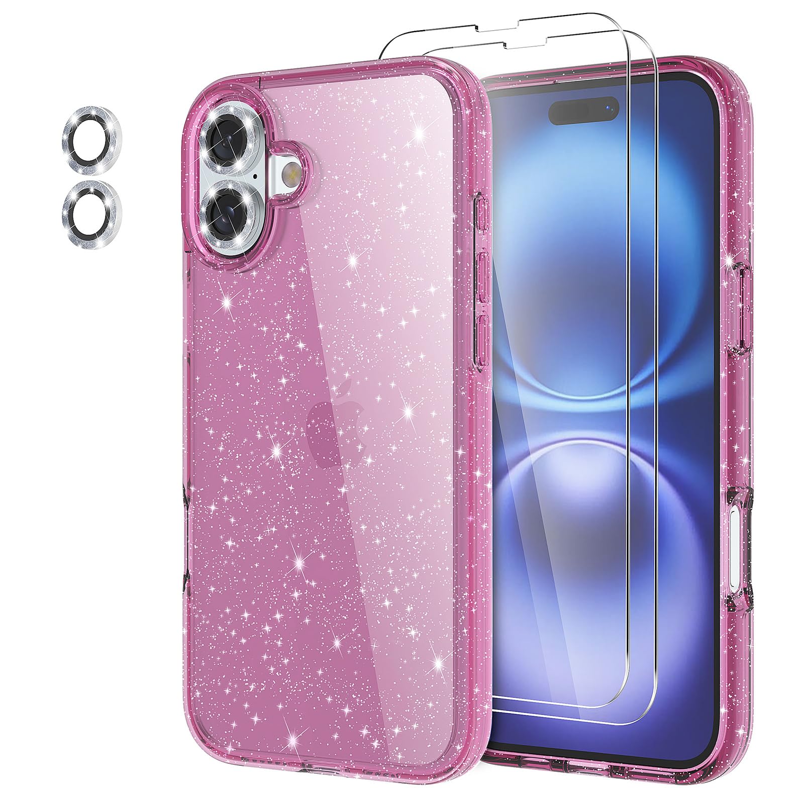 Jasmeas Glitter Case For Iphone 16, With [2 Pack] Screen Protector & [2 Pack] Camera Lens Protector Sparkle Pc Hard Soft Tpu Sil
