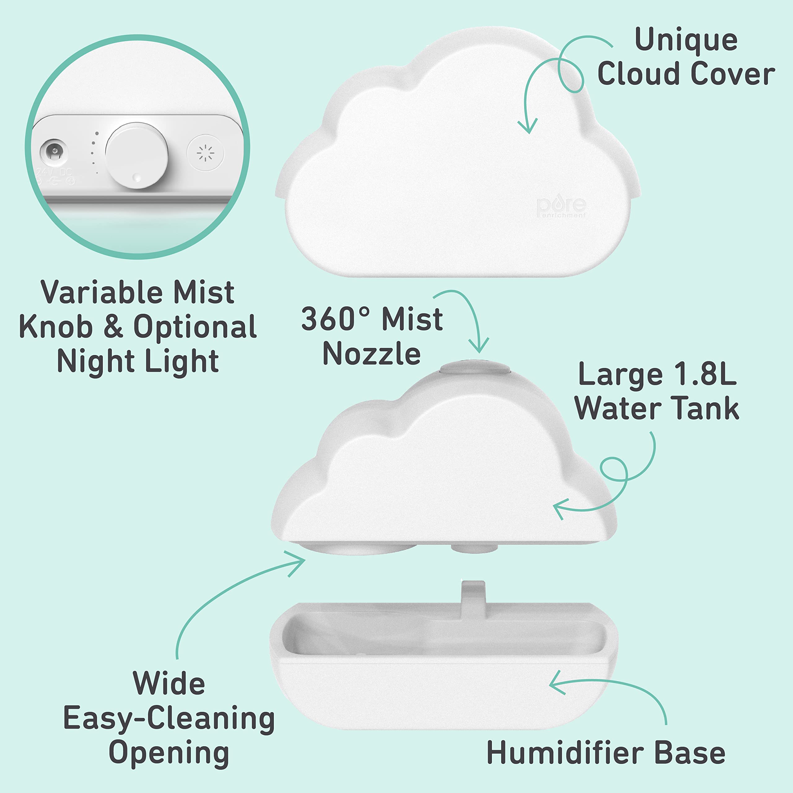 Pure Enrichment    Purebaby    Cloud Ultrasonic Cool Mist Humidifier   Quiet Variable Mist For Up To 24 Hrs, Color Night Light,