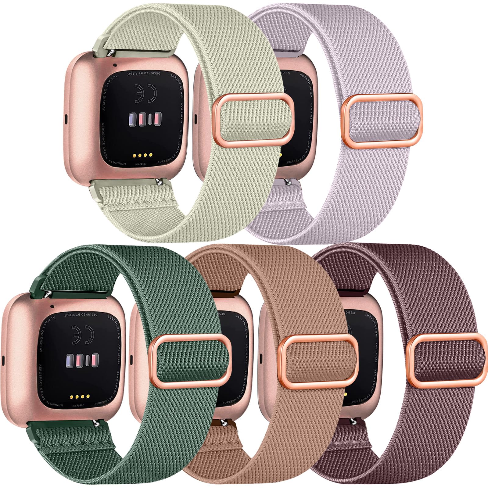 Chinber 5 Pack Bands Compatible With Fitbit Versa 2 & 4 Bands, Soft Adjustable Nylon Sport Band For Fitbit Versa Smart Watch Wom