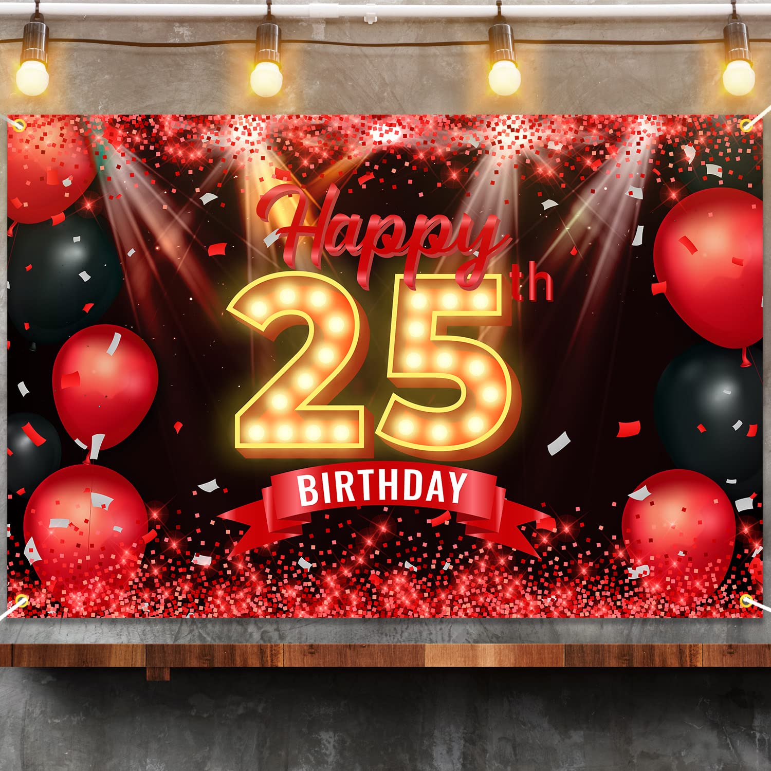 Happy 25Th Birthday Banner Backdrop Red And Black 25 Years Old Background Bday Decorations For Women Men Photography Party Suppl