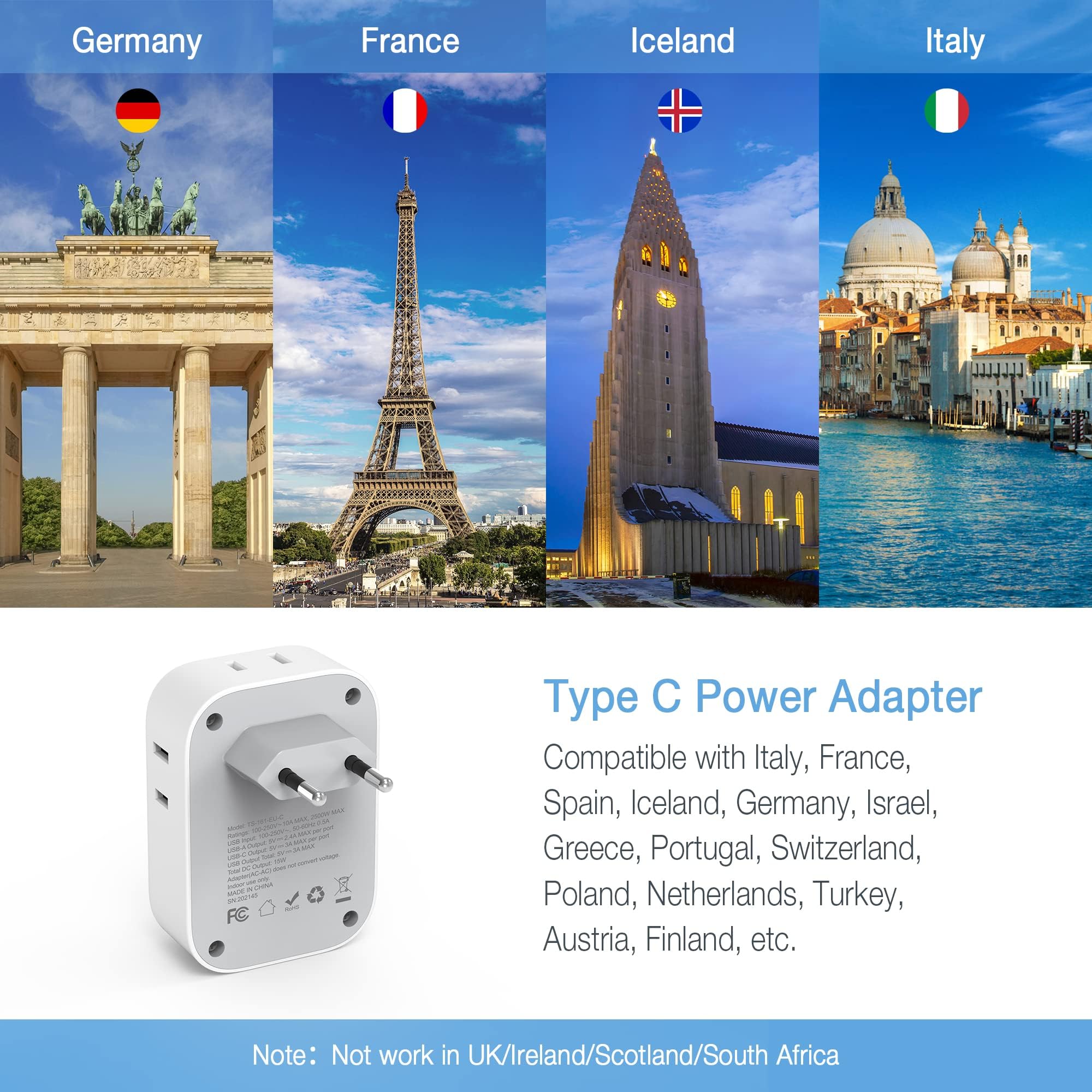 European Travel Plug Adapter Usb C, Tessan International Plug Adapter With 4 Ac Outlets And 3 Usb Ports, Type C Power Adaptor Ch