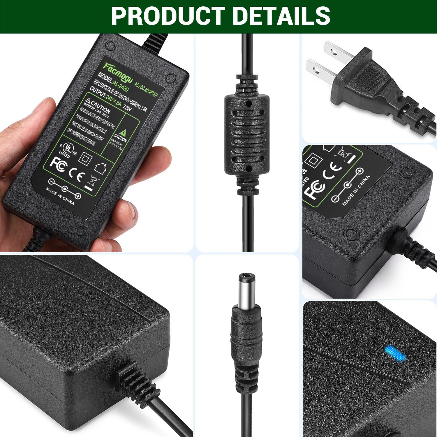 Dc 24V 3A Power Adapter, 72 Watt Ac 100 240V To Dc 24Volt Transformers, Switching Power Supply For Led Strip Light, Camera, Wire