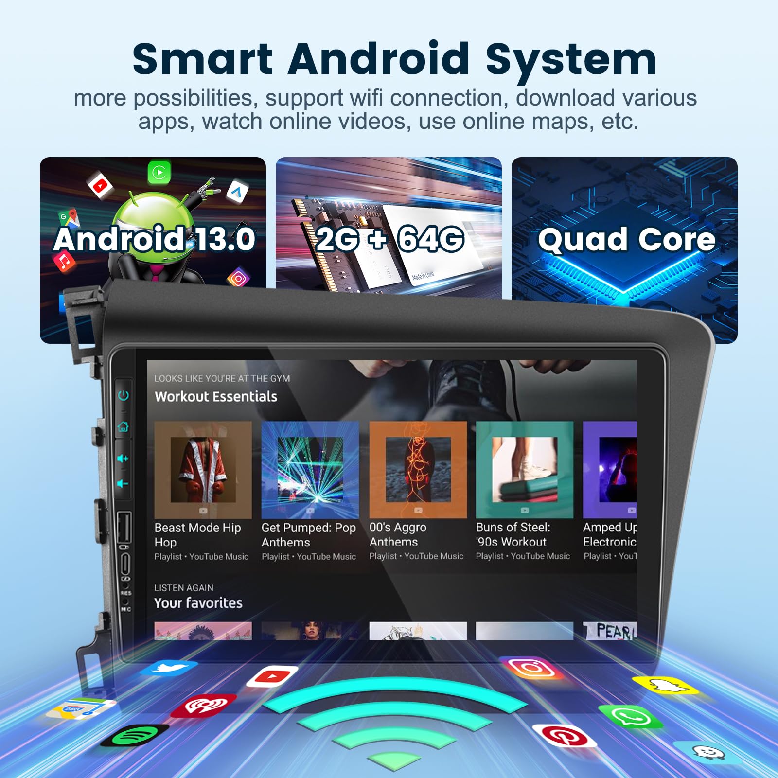 For Honda Civic 2012 2013 2014 2015 Android Car Stereo With Wireless Carplay Android Auto 2G+64G Wifi Gps Navigation Radio Player Android Auto 9� Touchscreen Audio Backup Camera Multimedia Head Unit