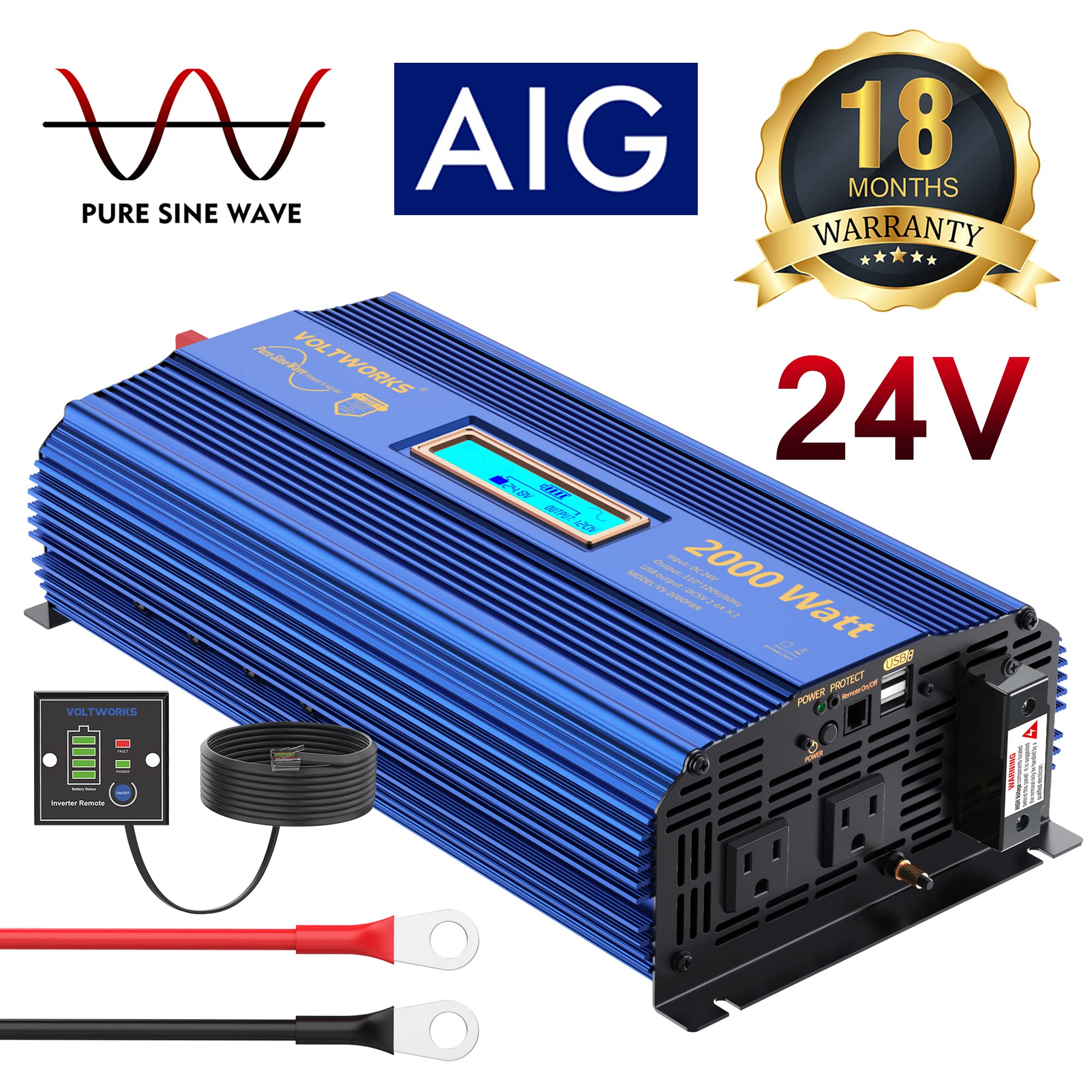 Voltworks 24 Volt 2000W Pure Sine Wave Power Inverter 24V Dc To 110V 120V Ac And Hardwire Block With Lcd Display Remote Controll