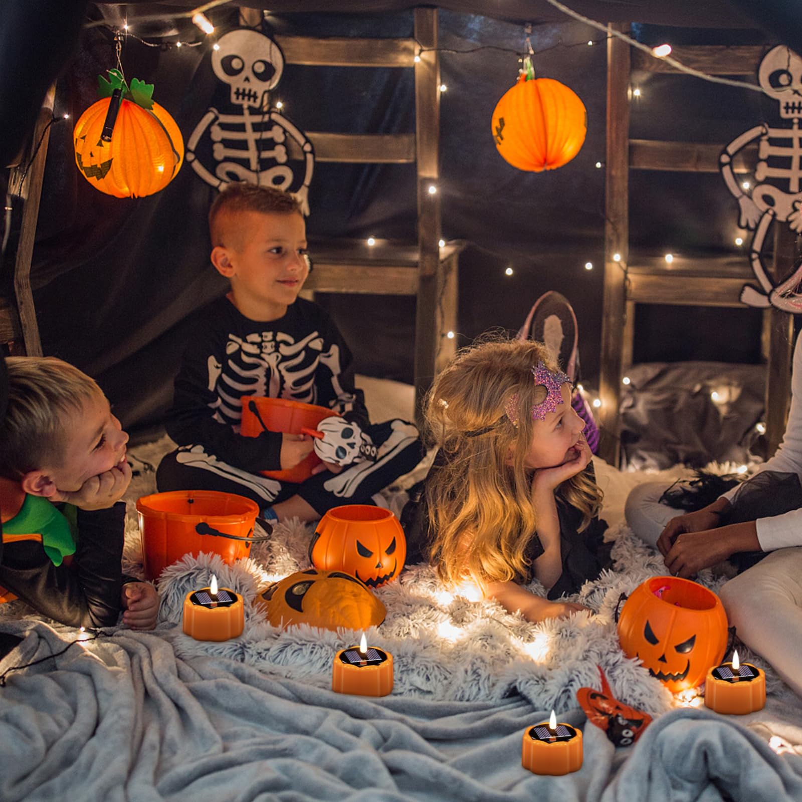 Wondise Halloween Solar Tea Lights Outdoor Candles, 6Pcs Dusk To Dawn Waterproof Pumpkins Led Candles With 3D Wick Flickering Re