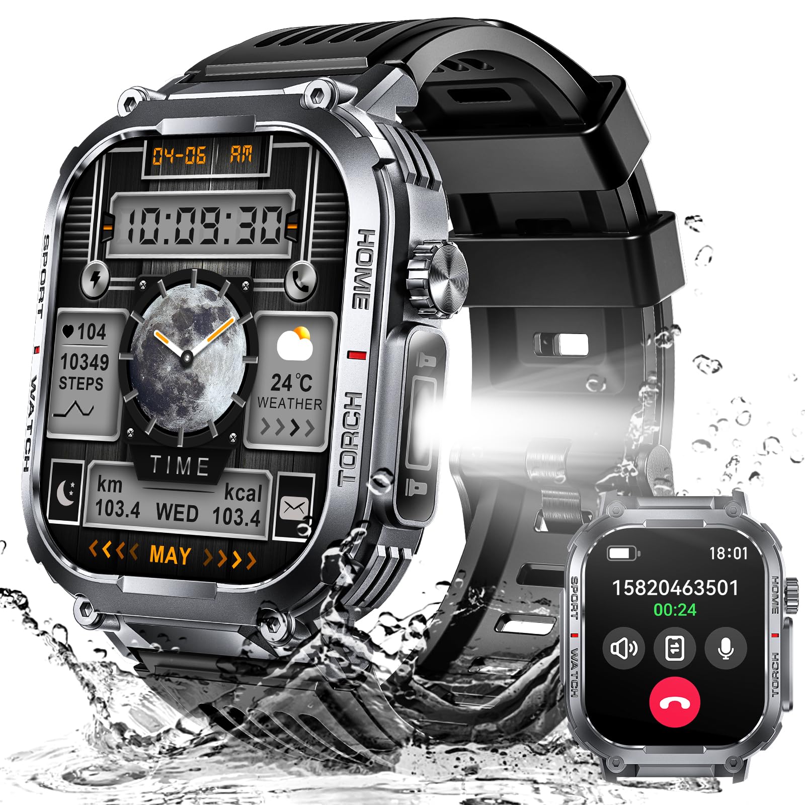 Military Smart Watch For Men 3Atm Waterproof With Call/Led Flashlight 2.02'' Hd Big Screen Rugged Tactical Smartwatch With Compa