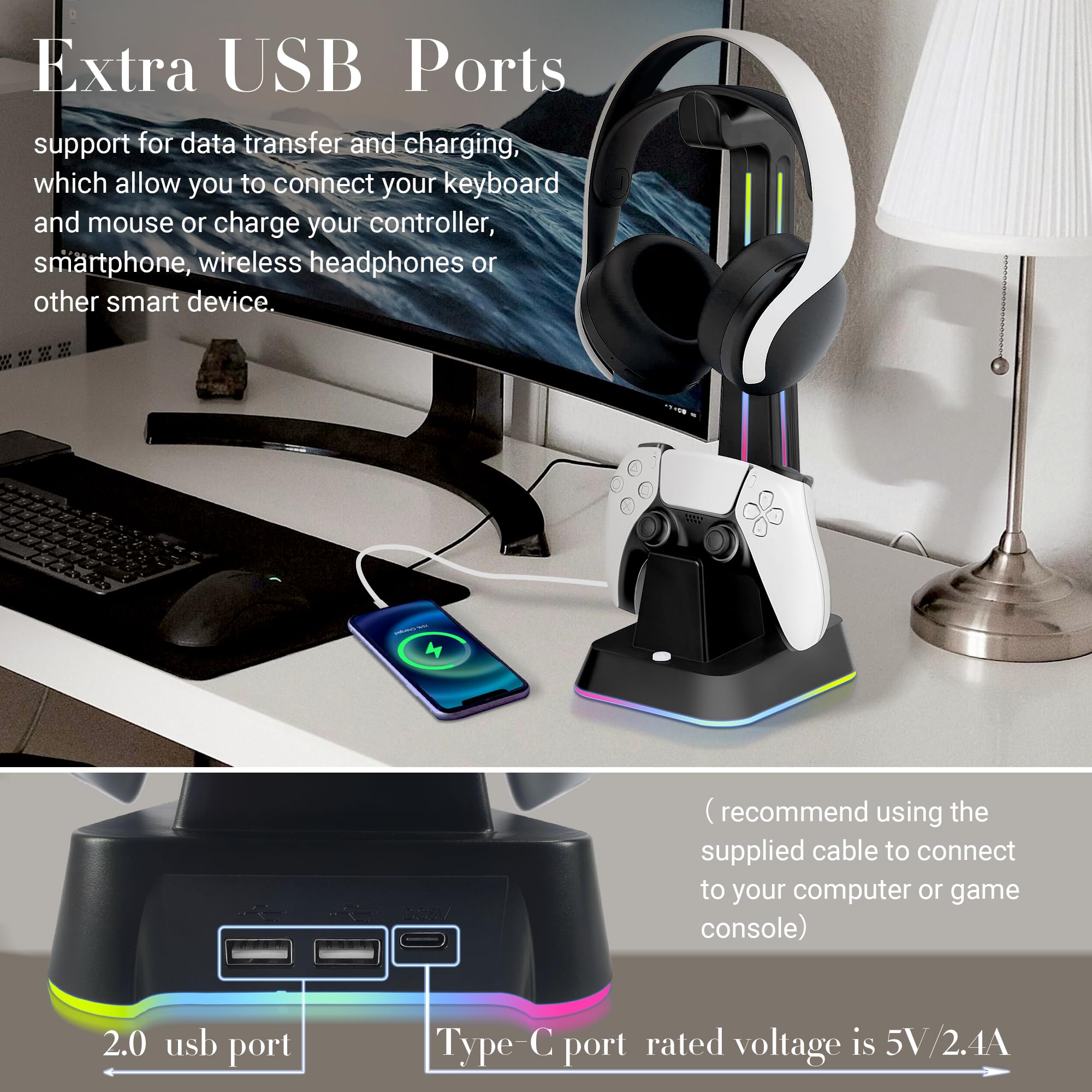 Jdgpokoo Ps5 Controller Charger Station With Rgb Headphone Stand, Ps5 Controller Charging Station With 2 Usb Port, Headset And C