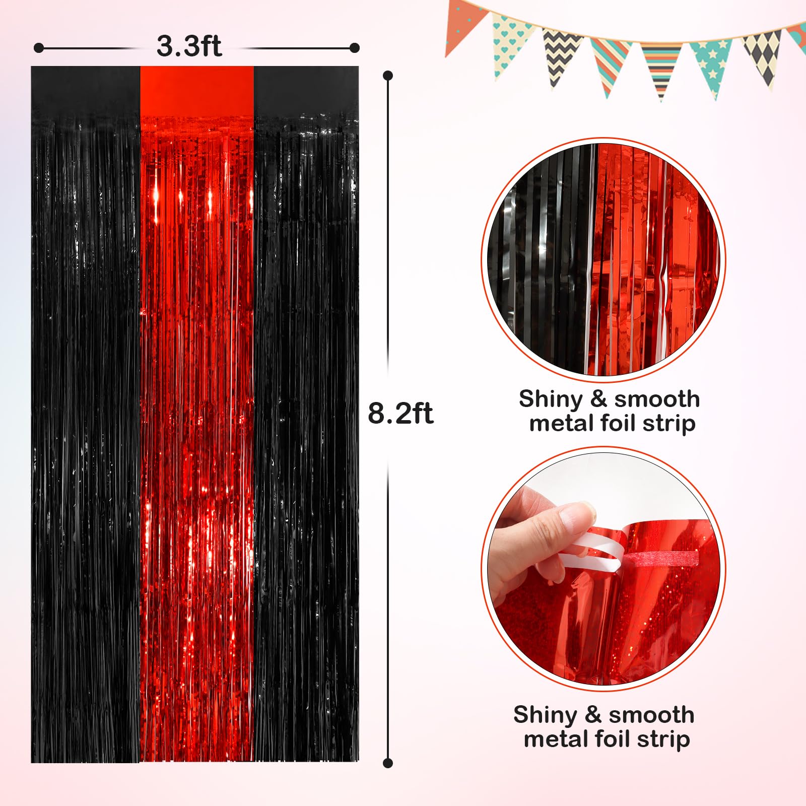 Black Red Tinsel Foil Fringe Curtains, 2 Pack 3.3X8.3 Feet Party Streamer Curtains For Birthday Party Decorations, Halloween Dec