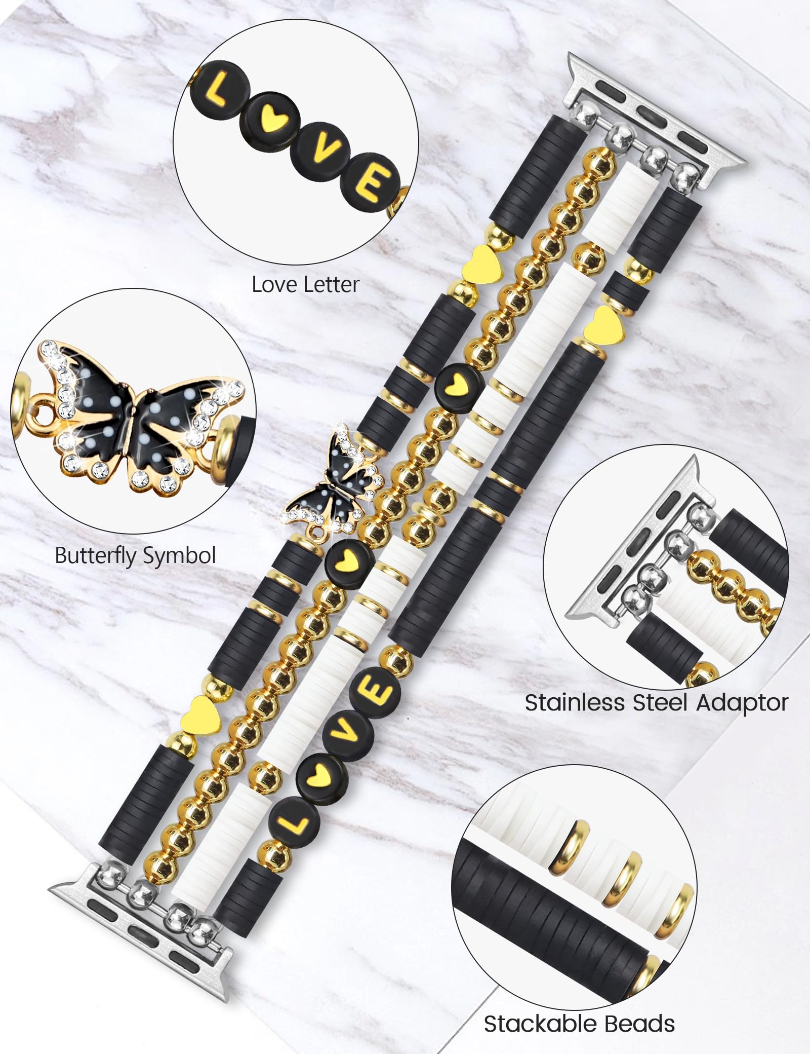 Jr.Dm Beaded Bracelet Compatible With Apple Watch 42Mm 44Mm 45Mm 46Mm For Women, Fancy Handmade Elastic Butterfly Charms Jewelry