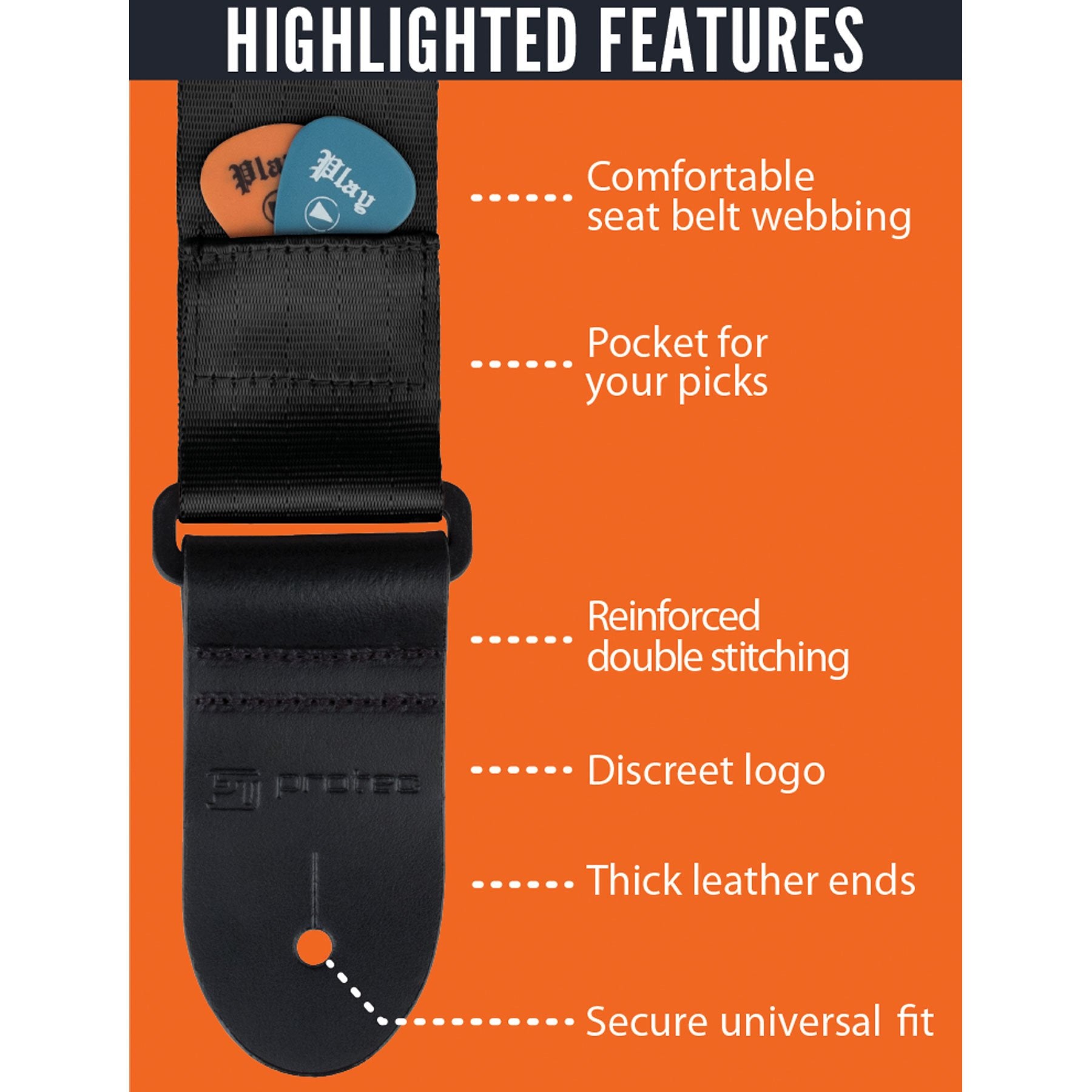 Protec Pro Tec Gss1 Seatbelt Guitar Strap With Thick Leather Ends And Pick Pocket Abdominal Support, Black