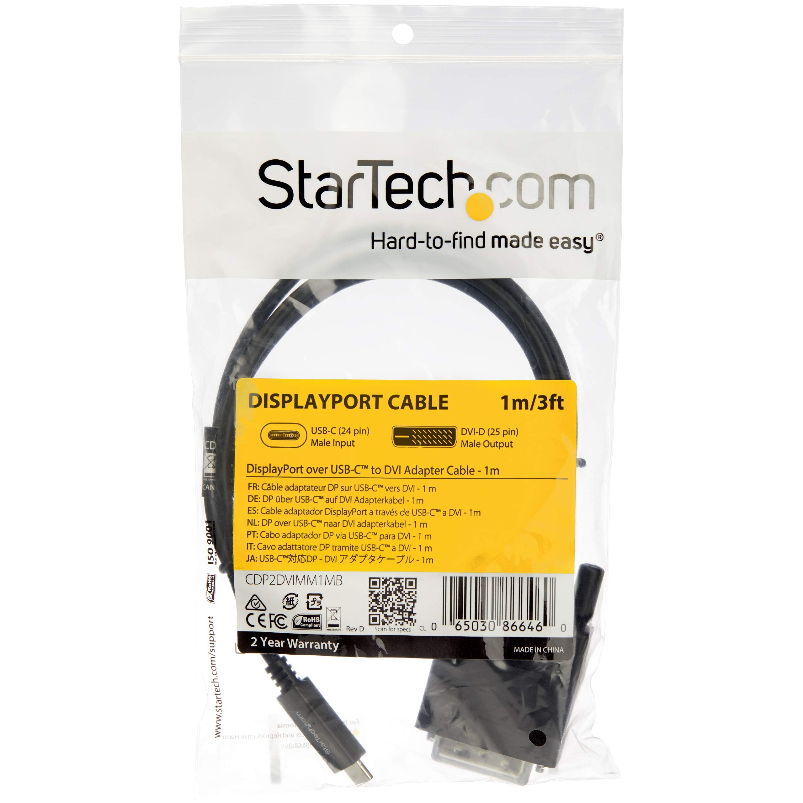Startech.Com 3.3 Ft / 1 M Usb C To Dvi Cable   Usb Type C Video Adapter Cable   1920 X 1200   Black (Cdp2Dvimm1Mb)