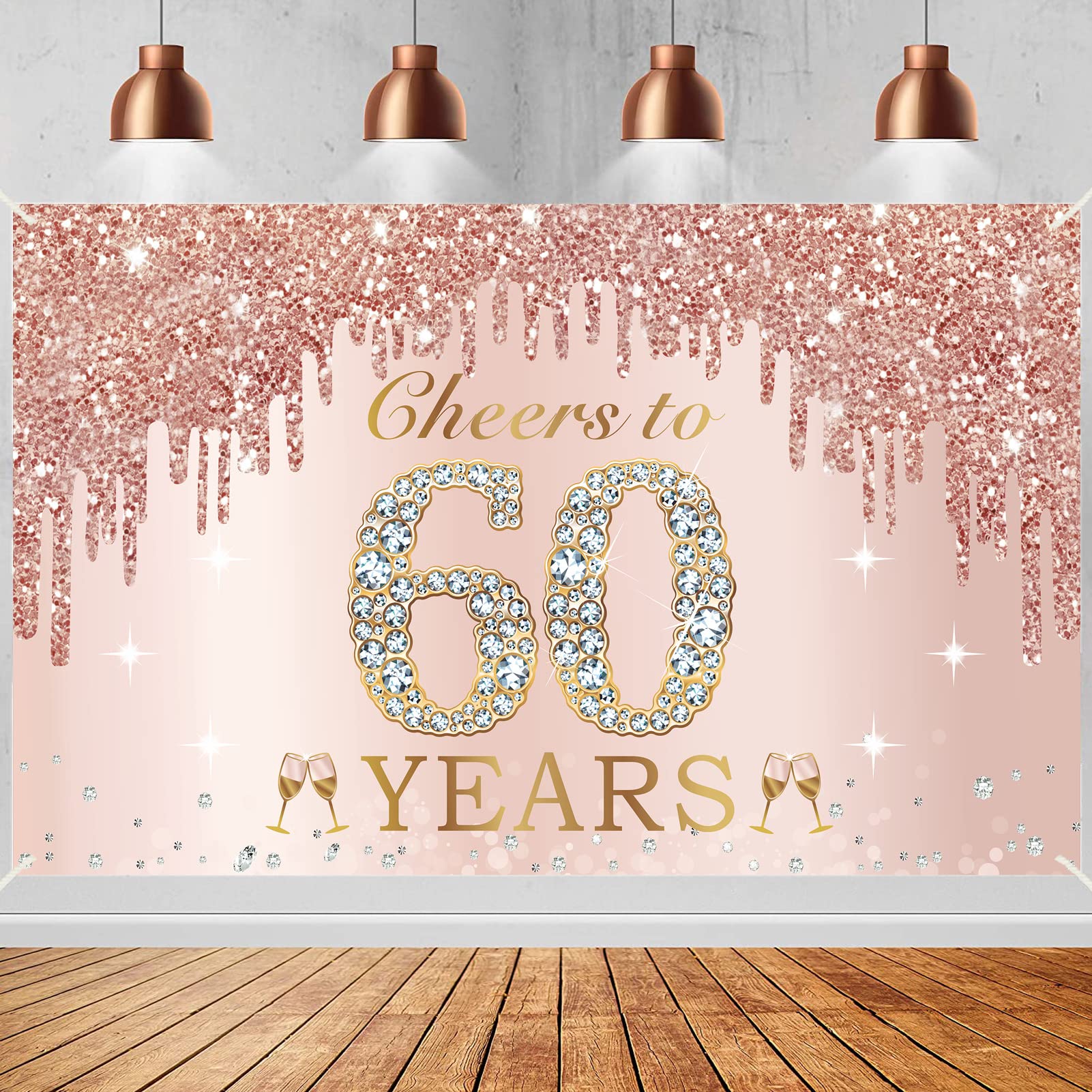 Large Cheers To 60 Years Birthday Decorations For Women, Pink Rose Gold Happy 60Th Birthday Banner Backdrop Party Supplies, Sixt