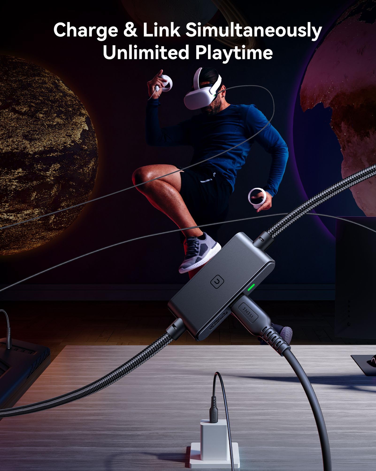 INIU 16ft USB C Link Cable for VR Headset, High Speed Data Transfer, Black, Model DI-401, Compatible with Meta Oculus Quest 3, Pico 4, Steam VR