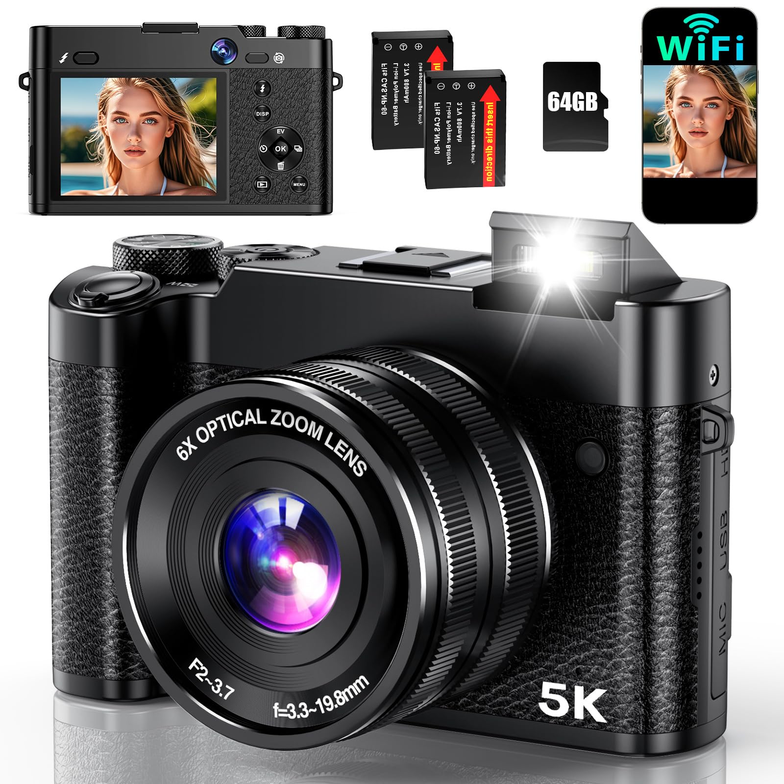 5K Digital Camera, 64MP Cameras for Photography with 6X Optical Zoom & Autofocus, WiFi Vlogging Camera for YouTube Video, Dual-L